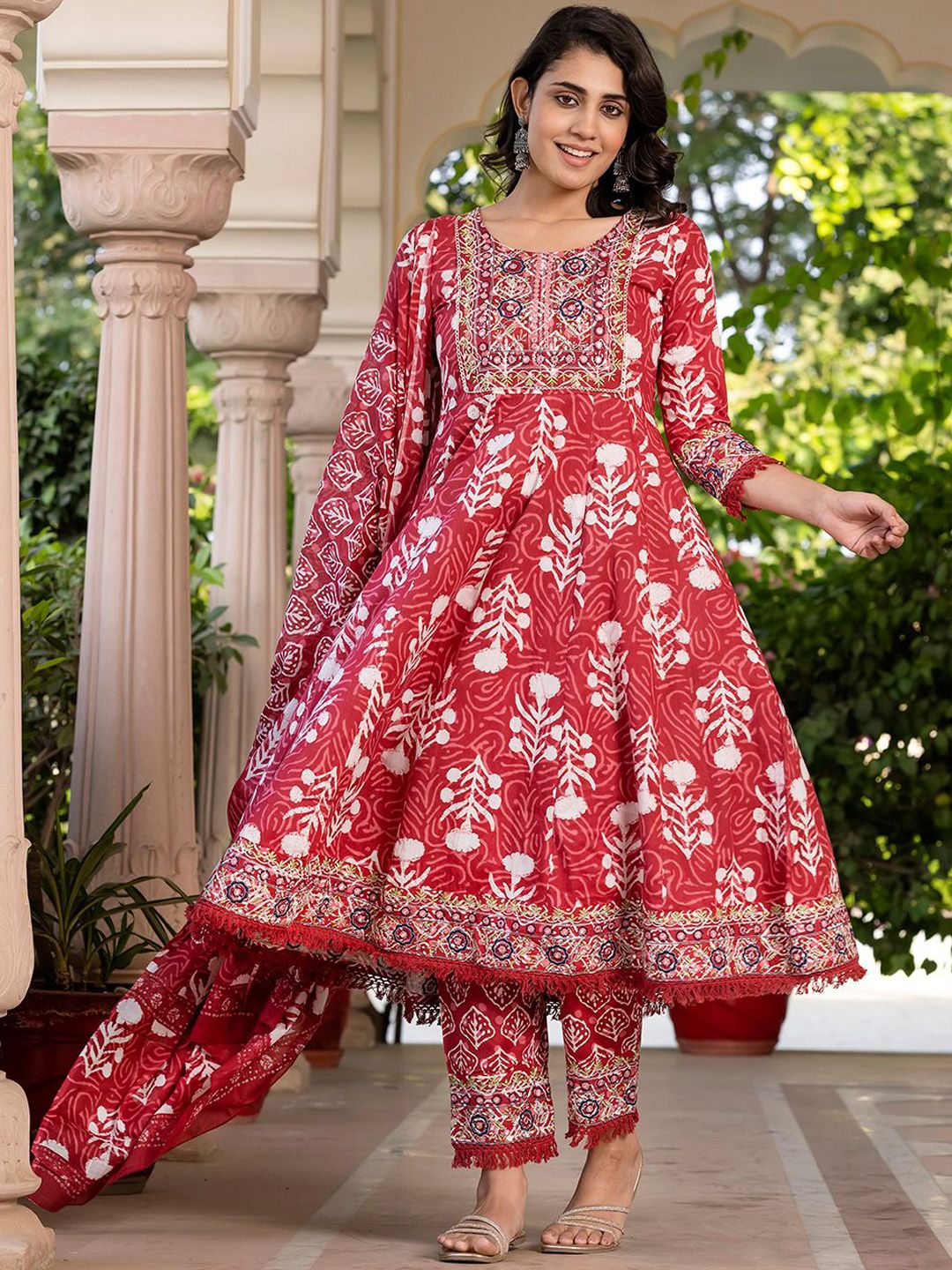 Dhiyona KL Floral Printed Mirror Work Pure Cotton Anarkali Kurta With Trouser & Dupatta