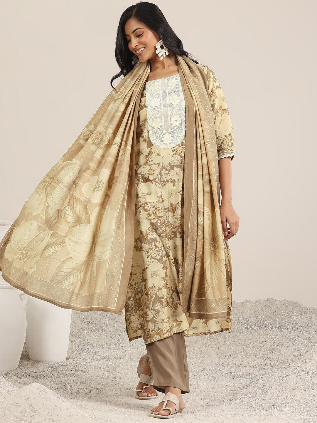 Floral Printed Patchwork Straight Kurta With Trouser And Dupatta