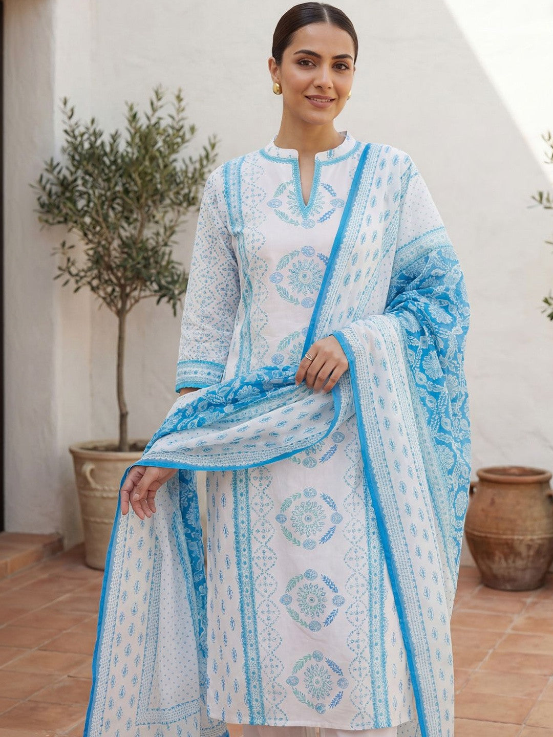 Women Ethnic Motifs Printed Regular Pure Cotton Kurta with Trousers & With Dupatta