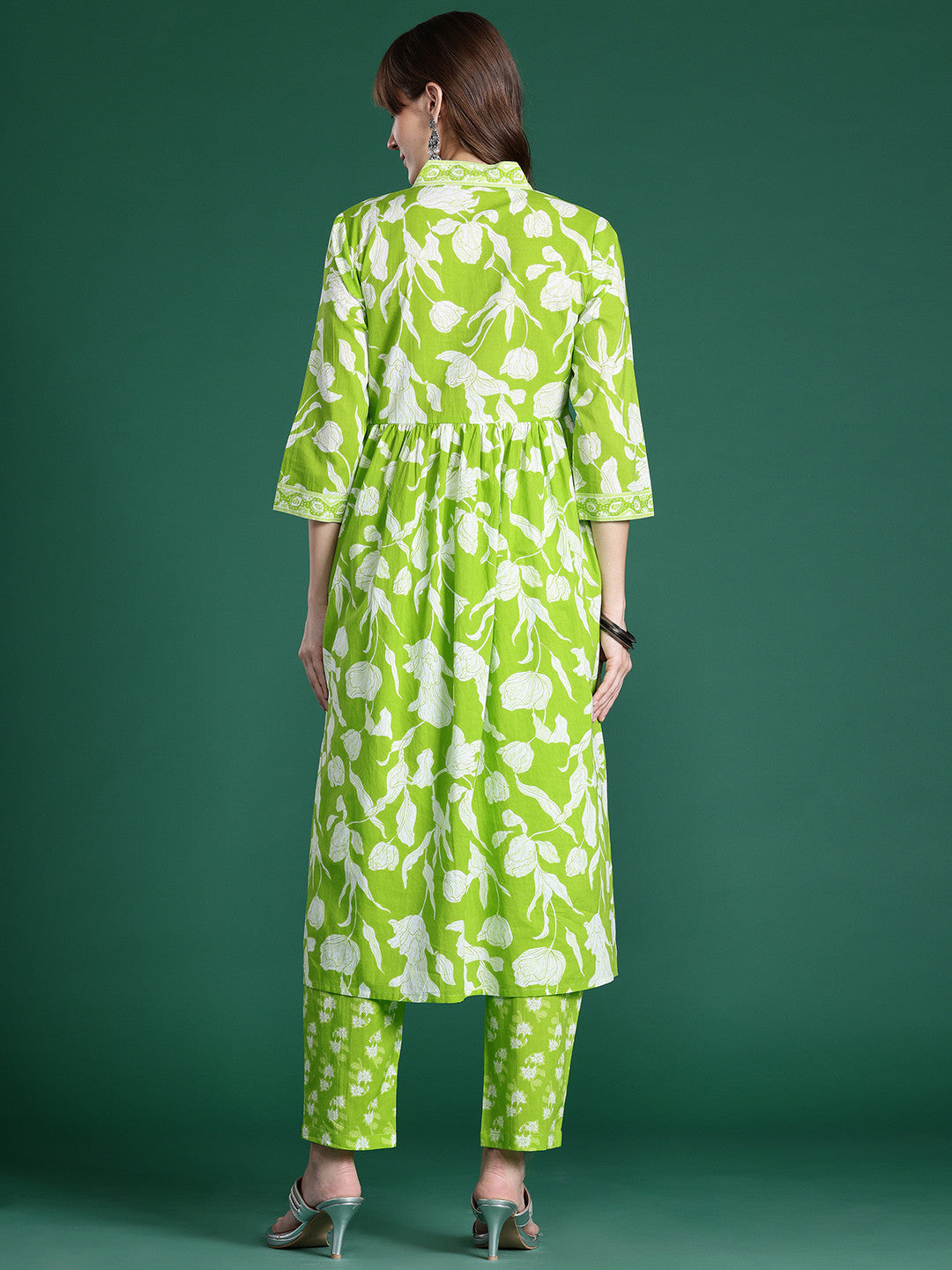 Floral Printed Empire Sequinned Pure Cotton Kurta with Trousers