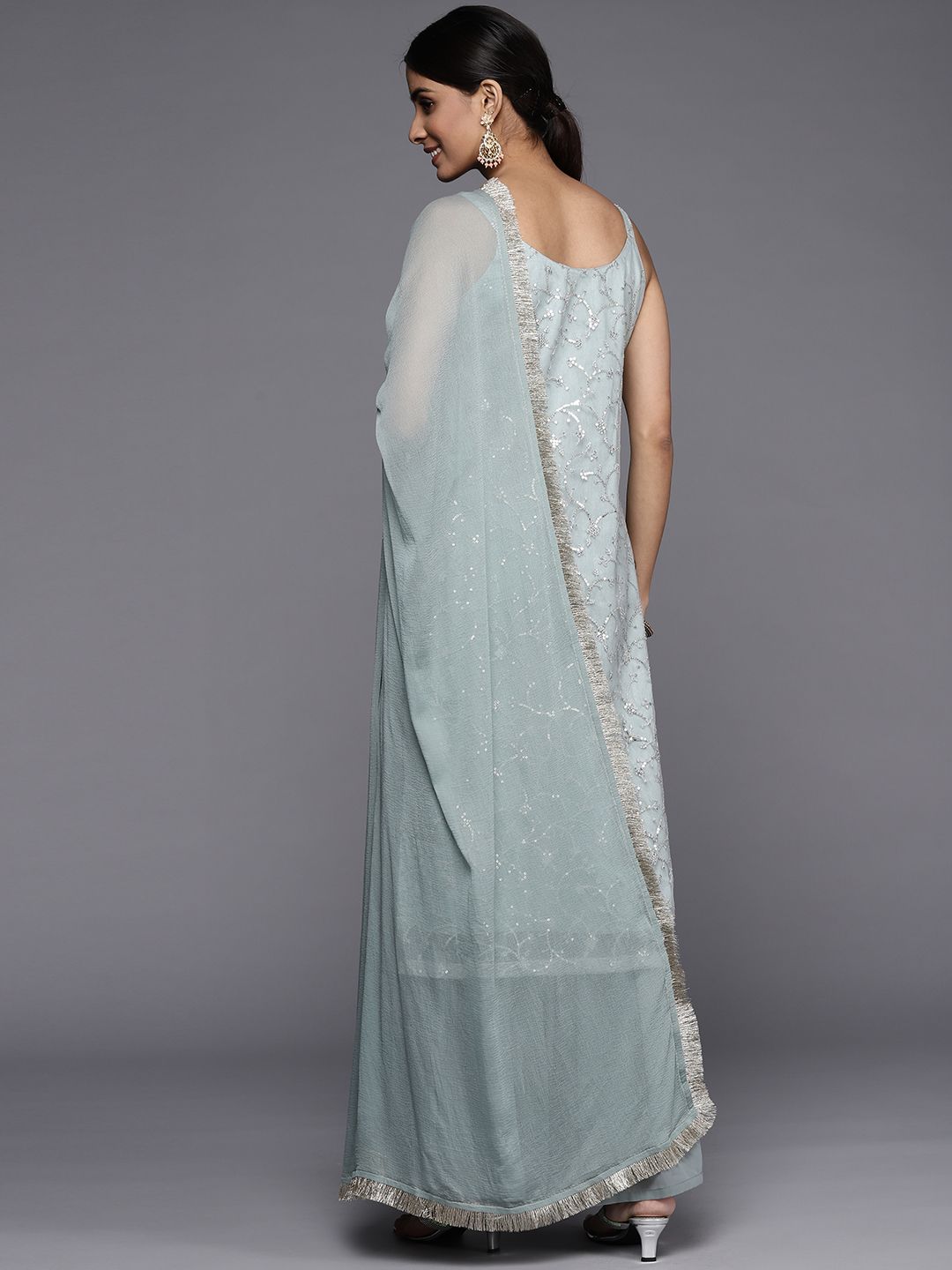 Dhiyona VA Women Green Floral Sequinned Kurta with Sharara & With Dupatta