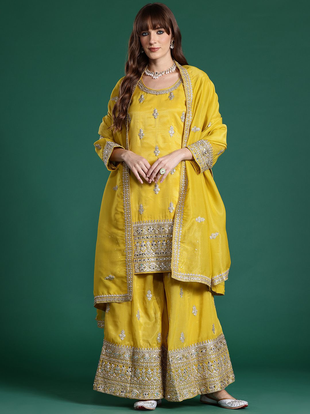 Dhiyona IE Ethnic Motifs Embroidered Sequinned Kurta with Palazzos & With Dupatta