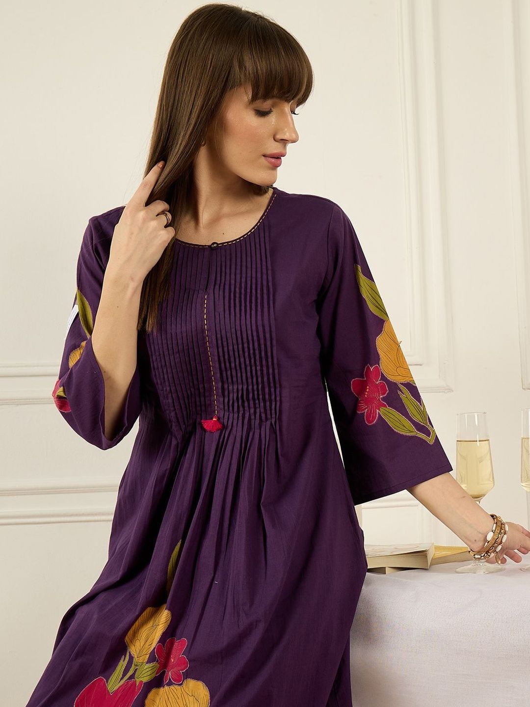 Dhiyona IE Printed Round Neck Three-Quarter Sleeves Pure Cotton Tunic And Trousers