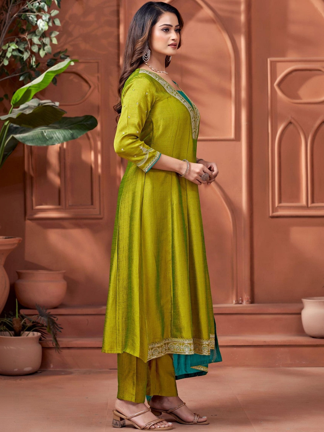 Embroidered V-Neck Kurta Trousers & Dupatta