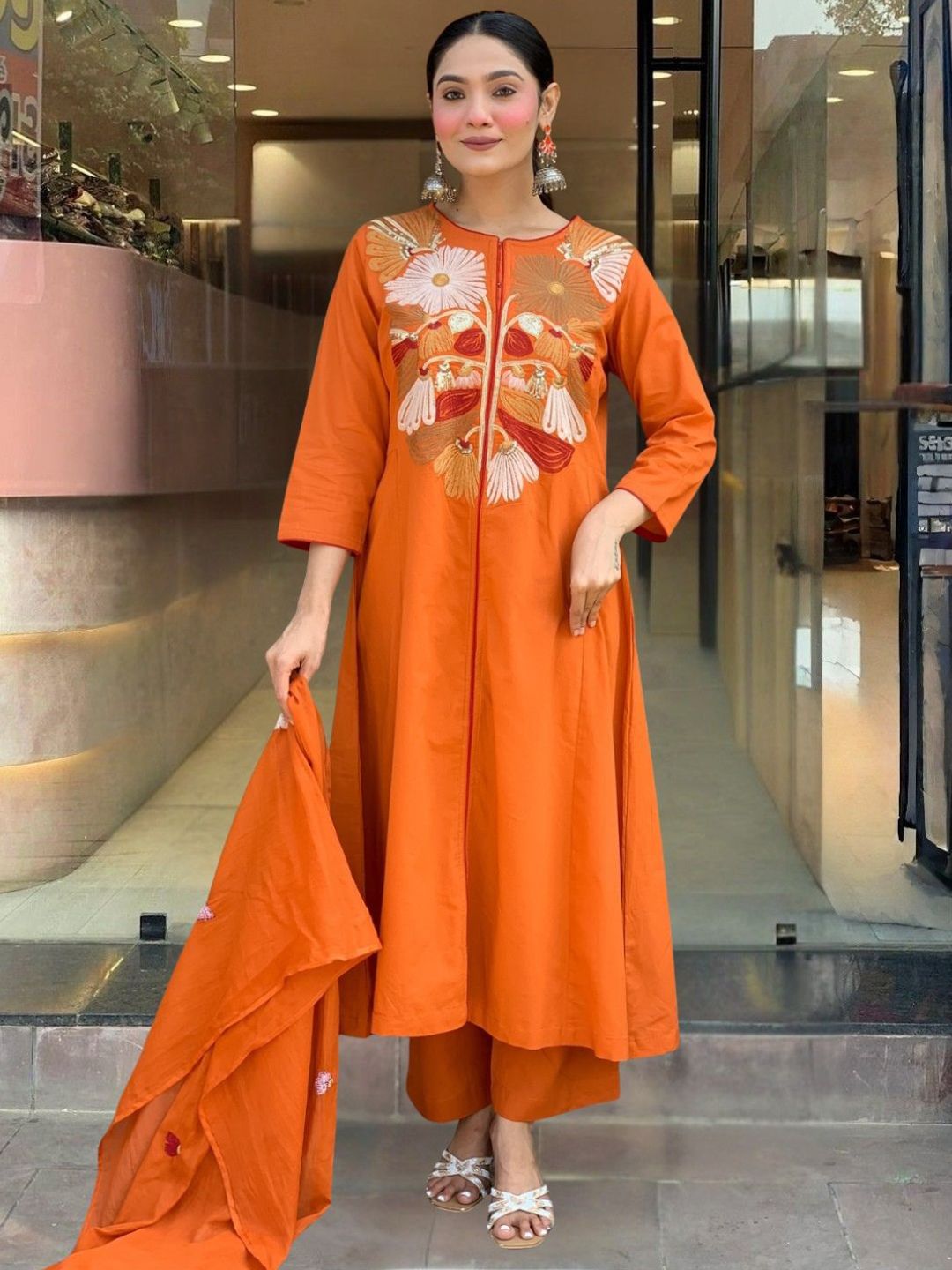 Dhiyona KL Floral Yoke Design Chanderi Silk Thread Work A-Line Kurta & Palazzos With Dupatta