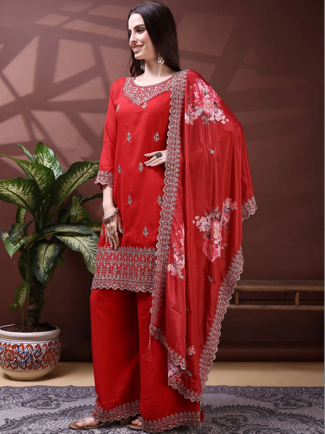 Dhiyona SN Embroidered Round Neck Kurta & Sharara With Dupatta