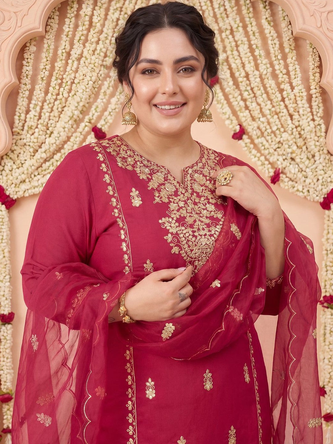 Plus Size Maroon Embroidered Straight Kurta Trousers With Dupatta Set