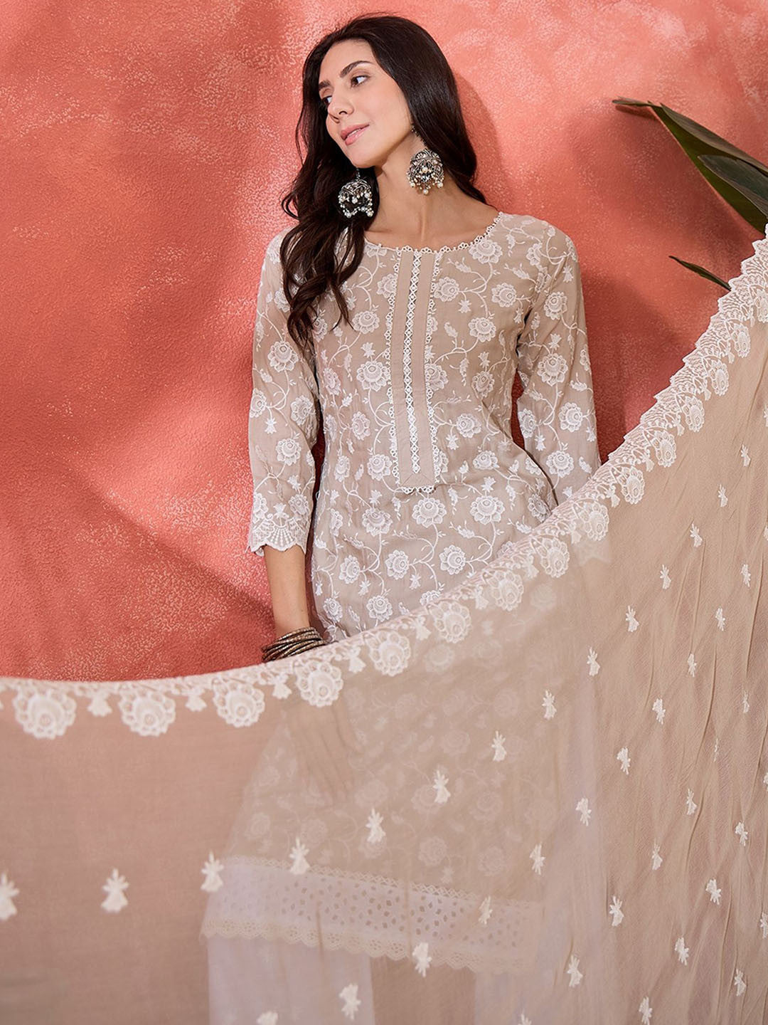 Women Floral Embroidered Cotton Kurta with Palazzo & Dupatta