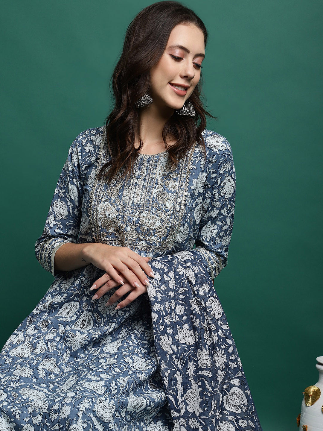 Floral Printed Pure Cotton Anarkali Kurta With Trousers & Dupatta