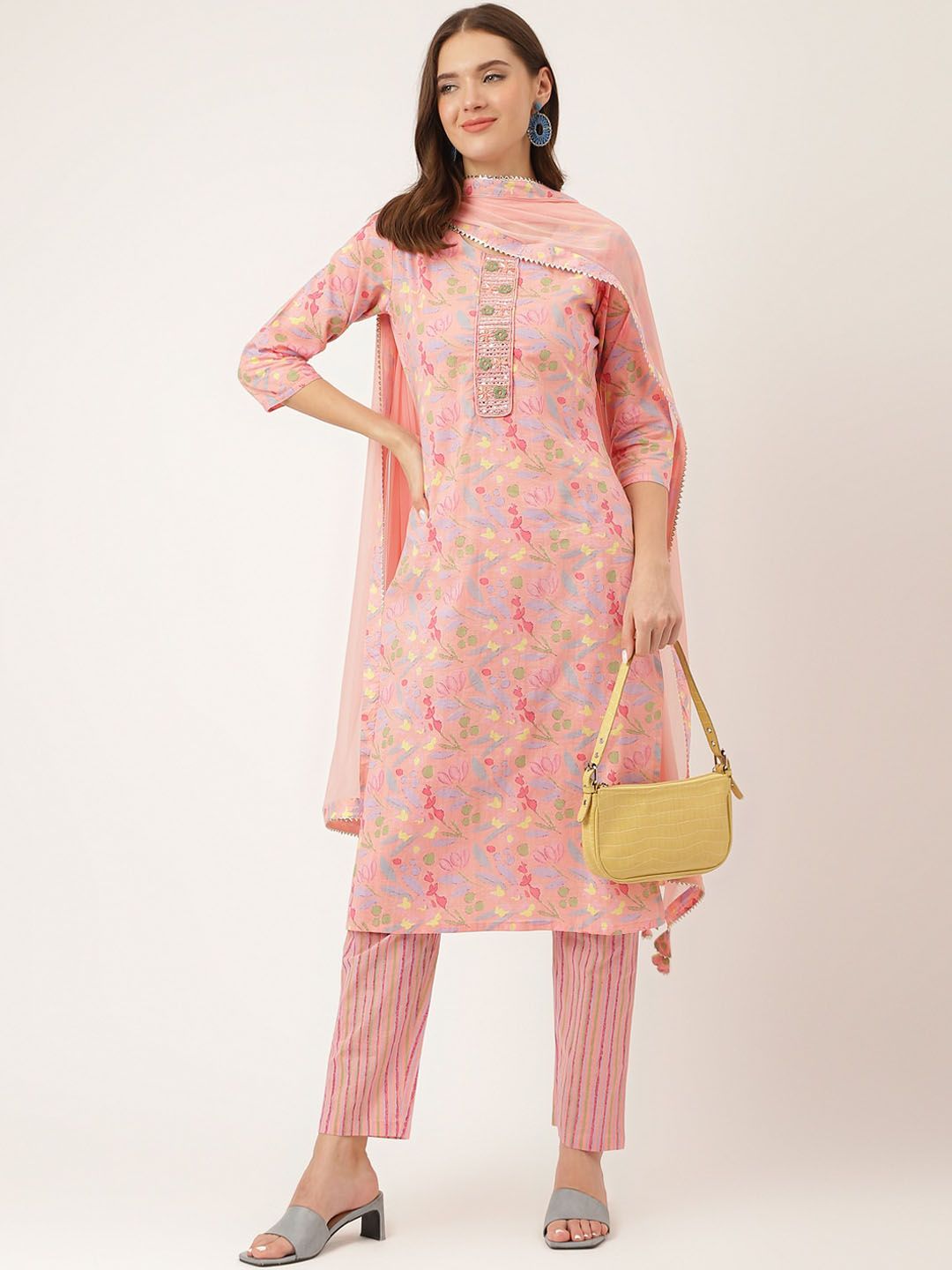 Dhiyona KL Floral Printed Mirror Work Pure Cotton Kurta With Trousers & Dupatta