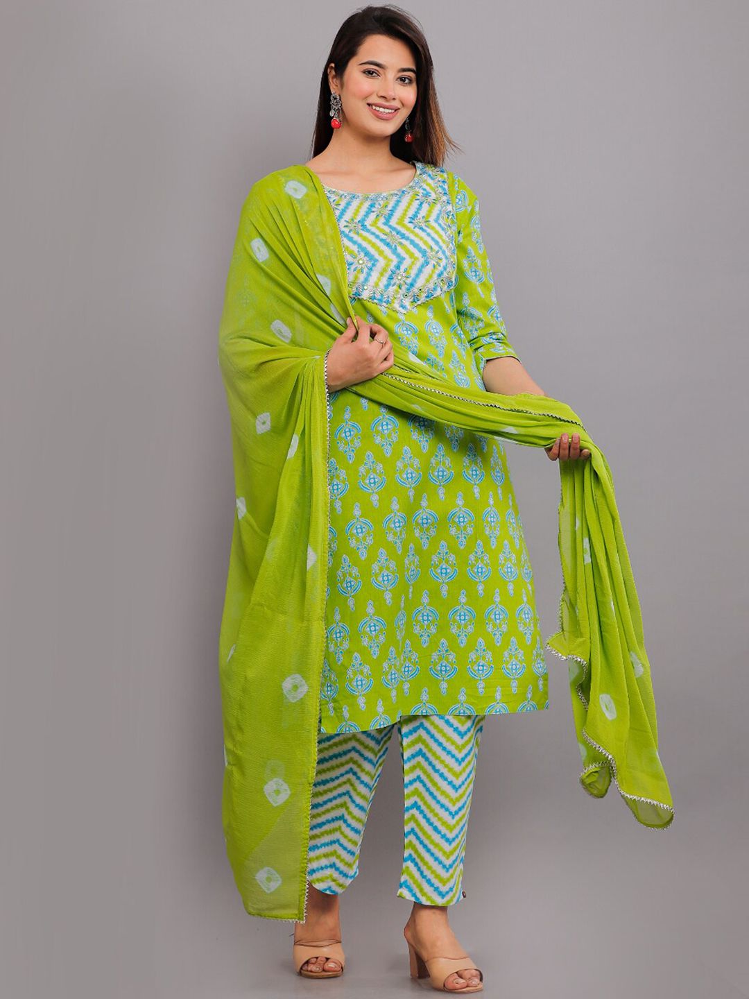 Dhiyona KL Ethnic Motifs Printed Regular Pure Cotton Kurta with Trousers & With Dupatta