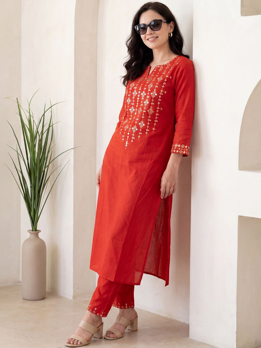 Women Ethnic Motifs Embroidered Regular Mirror Work Kurta with Trousers