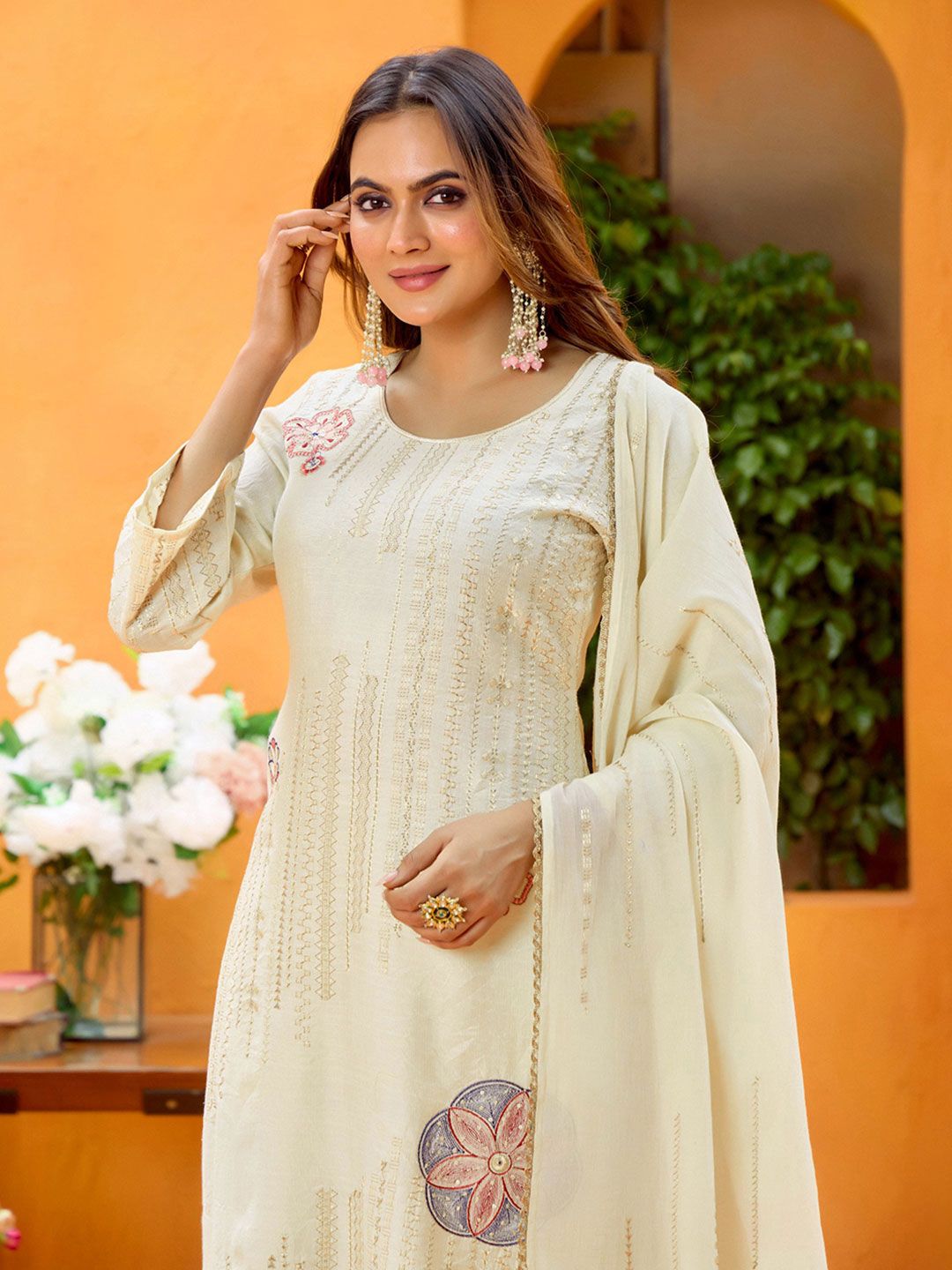 Dhiyona CH Floral Embroidered Sequinned Pure Cotton Straight Kurta With Trousers & Dupatta