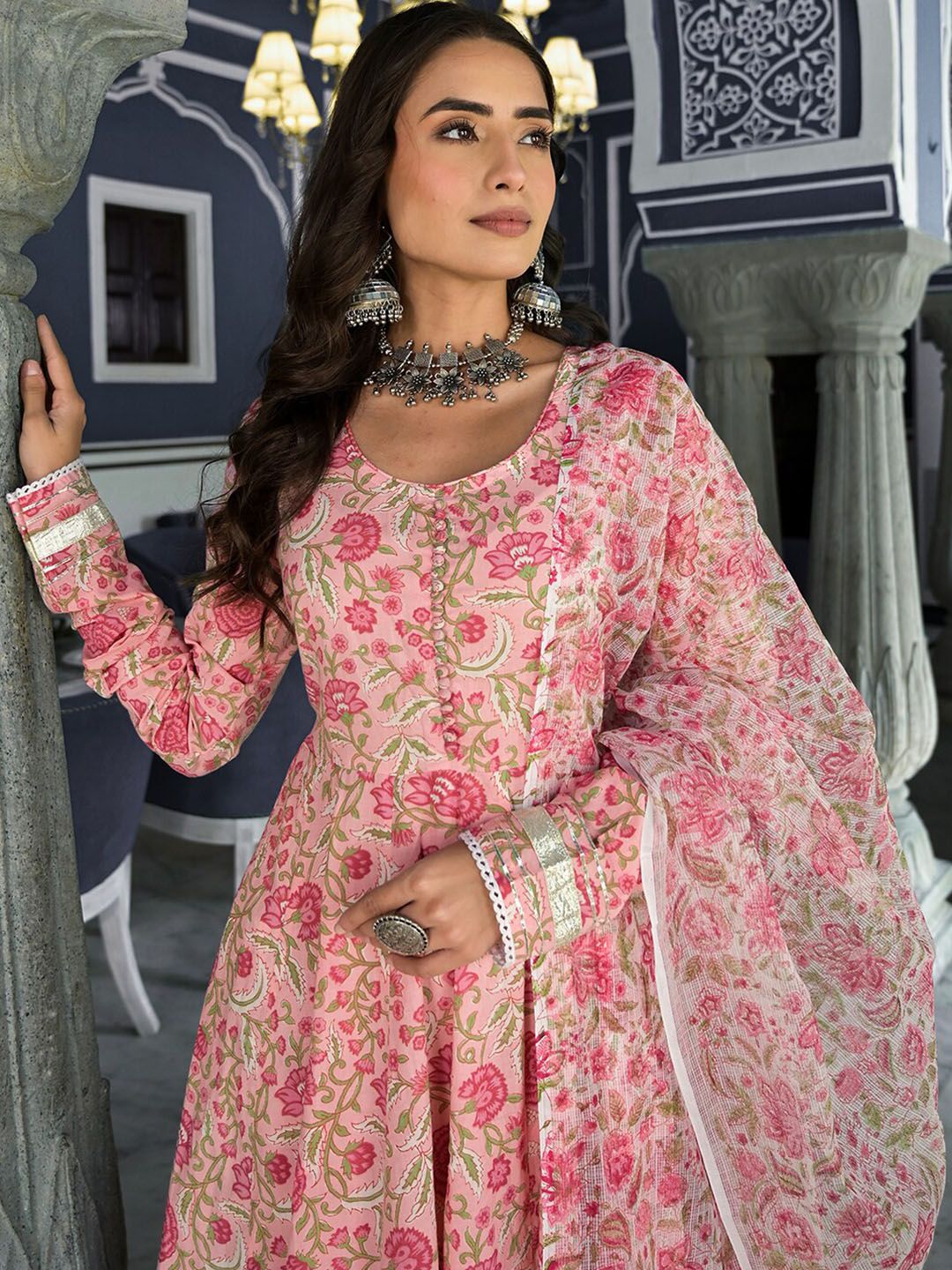Dhiyona KL Floral Printed Anarkali Kurta & Trousers With Dupatta