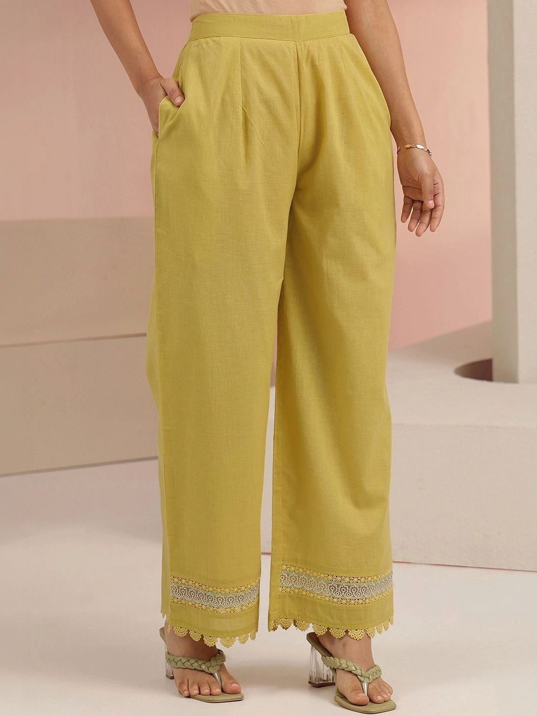 Yellow Floral Embroidered Cotton Straight Suit Set