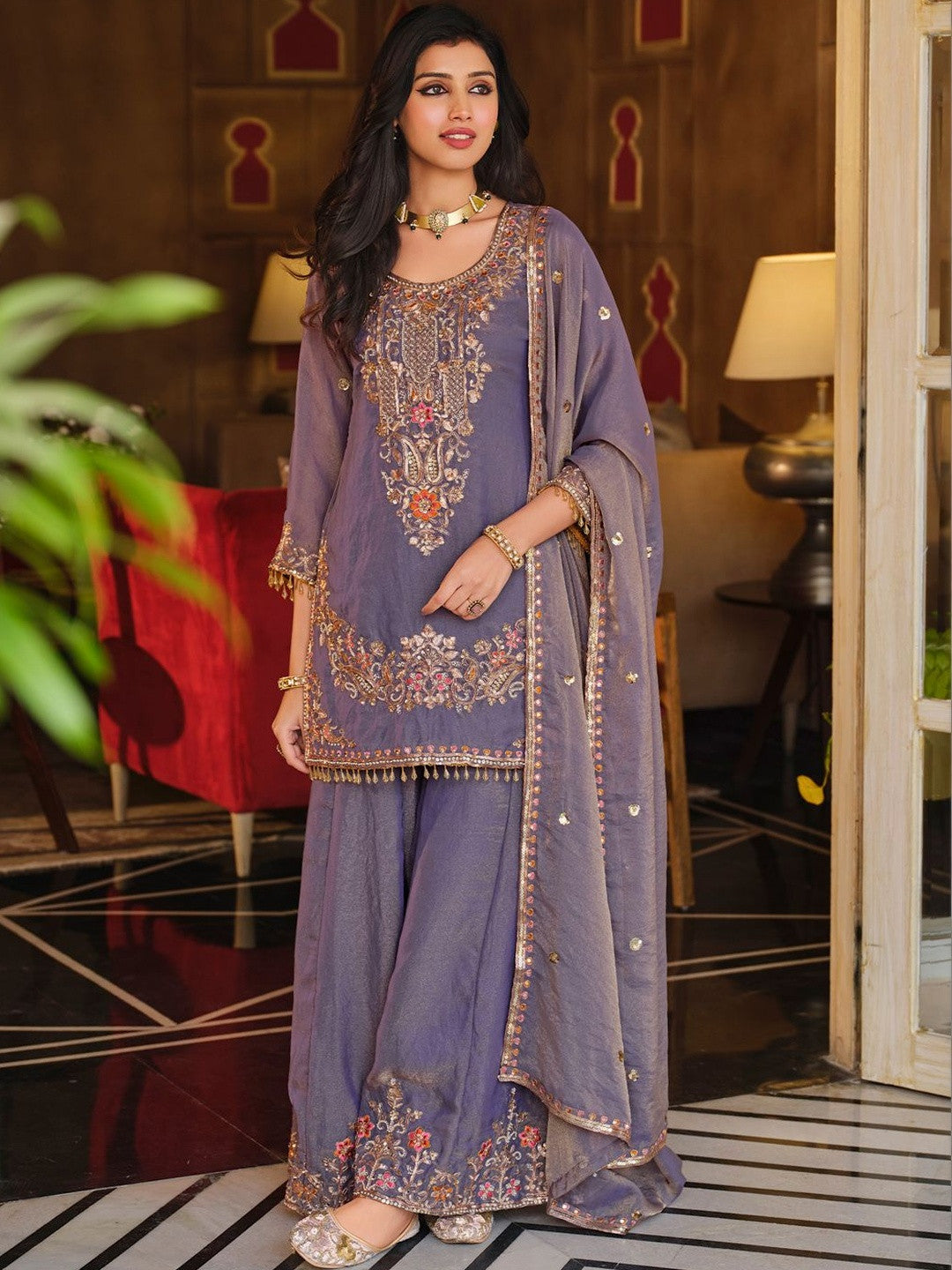 Women Ethnic Motifs Embroidered Regular Sequinned Kurta with Sharara & With Dupatta