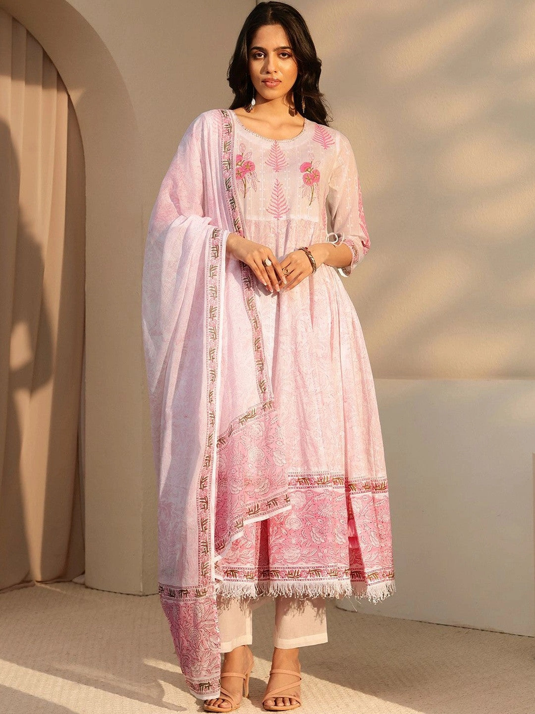 White Floral Printed Cotton Anarkali Suit Set