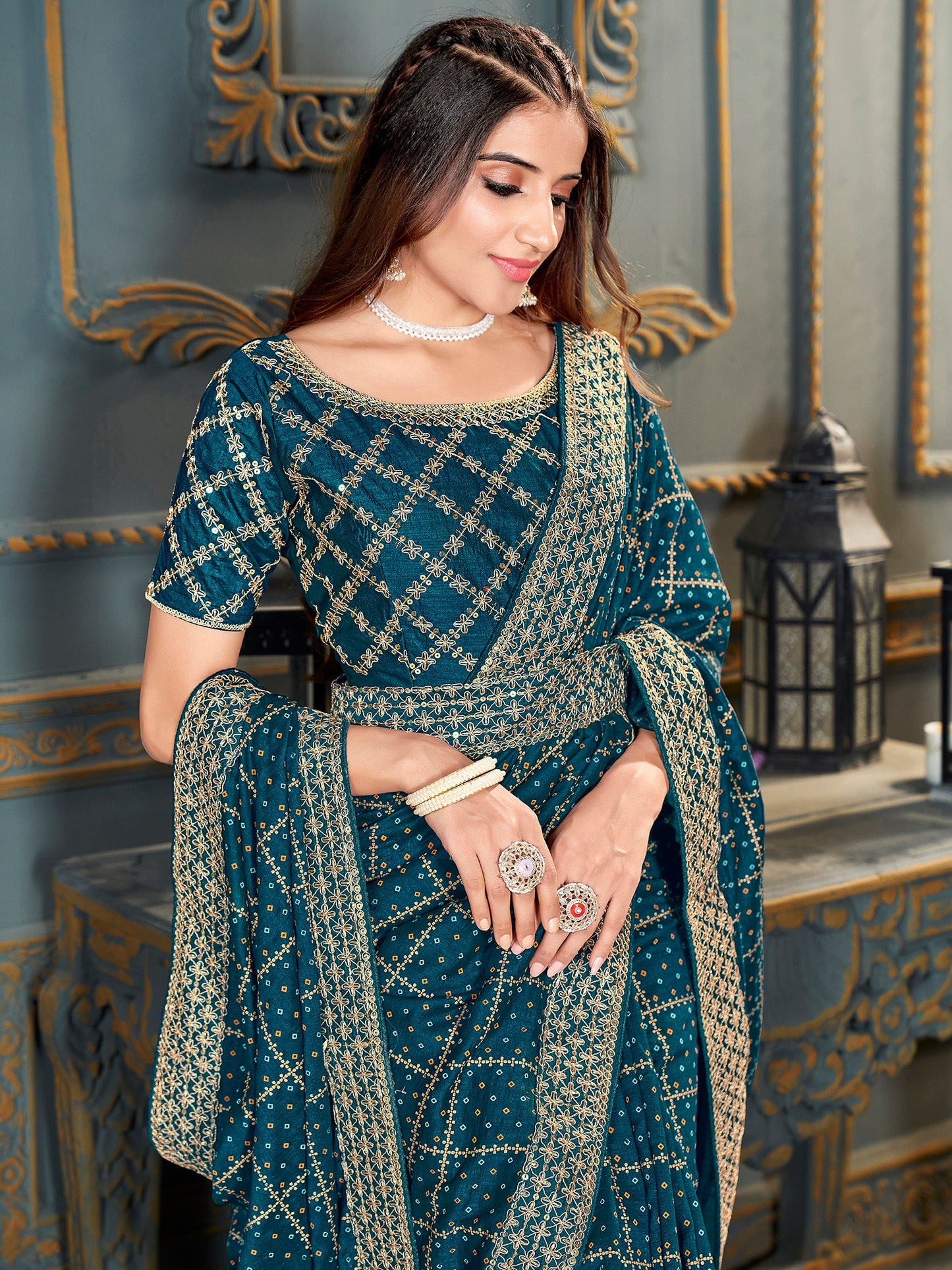 Women's Vichitra Silk Teal blue Embellished Designer Saree With Blouse Piece