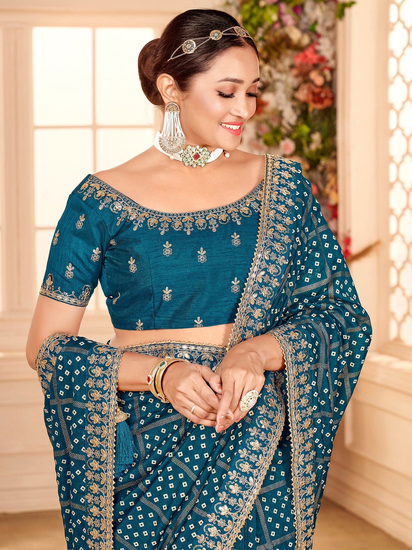 Women's Vichitra Silk Blue Embellished Designer Saree With Blouse Piece