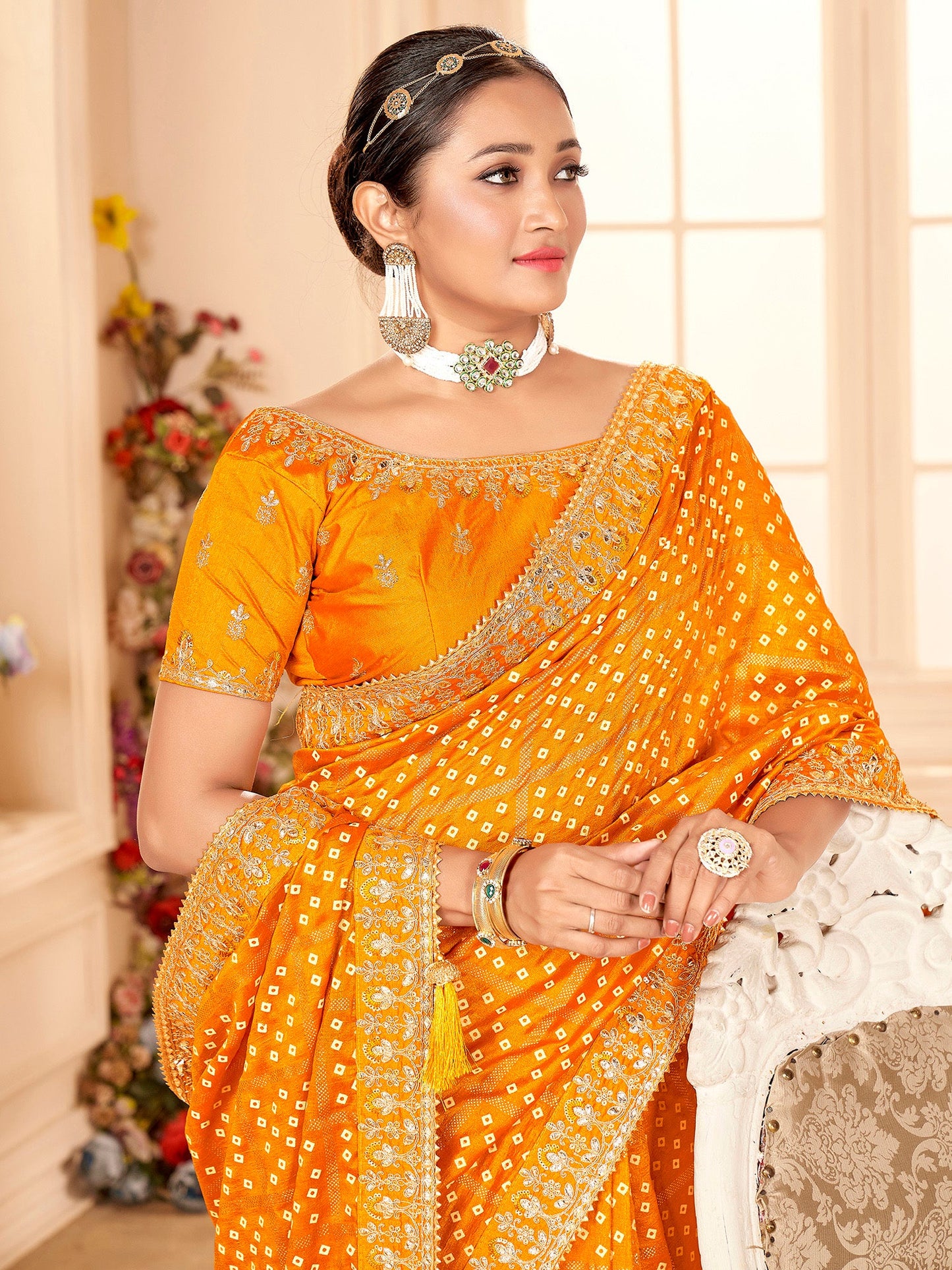 Women's Vichitra Silk Yellow Embellished Designer Saree With Blouse Piece