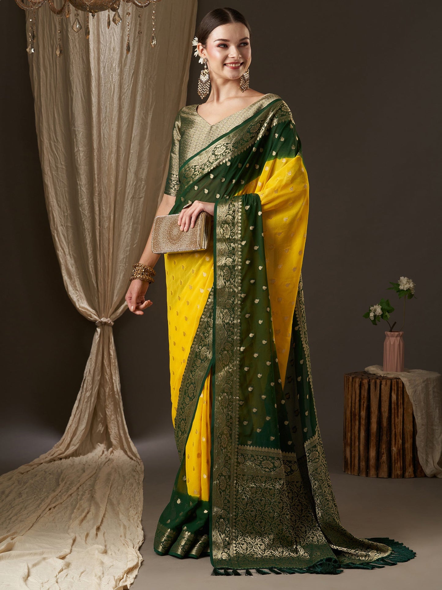 Women's Georgette Yellow Woven Design Designer Saree With Blouse Piece
