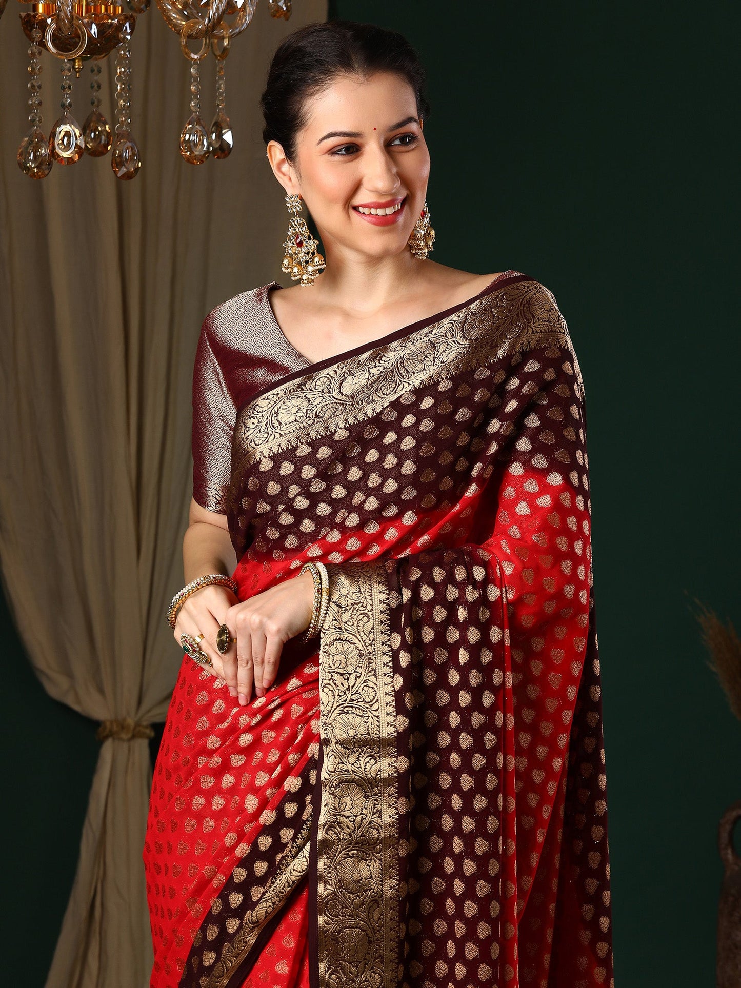 Women's Georgette Red Woven Design Designer Saree With Blouse Piece