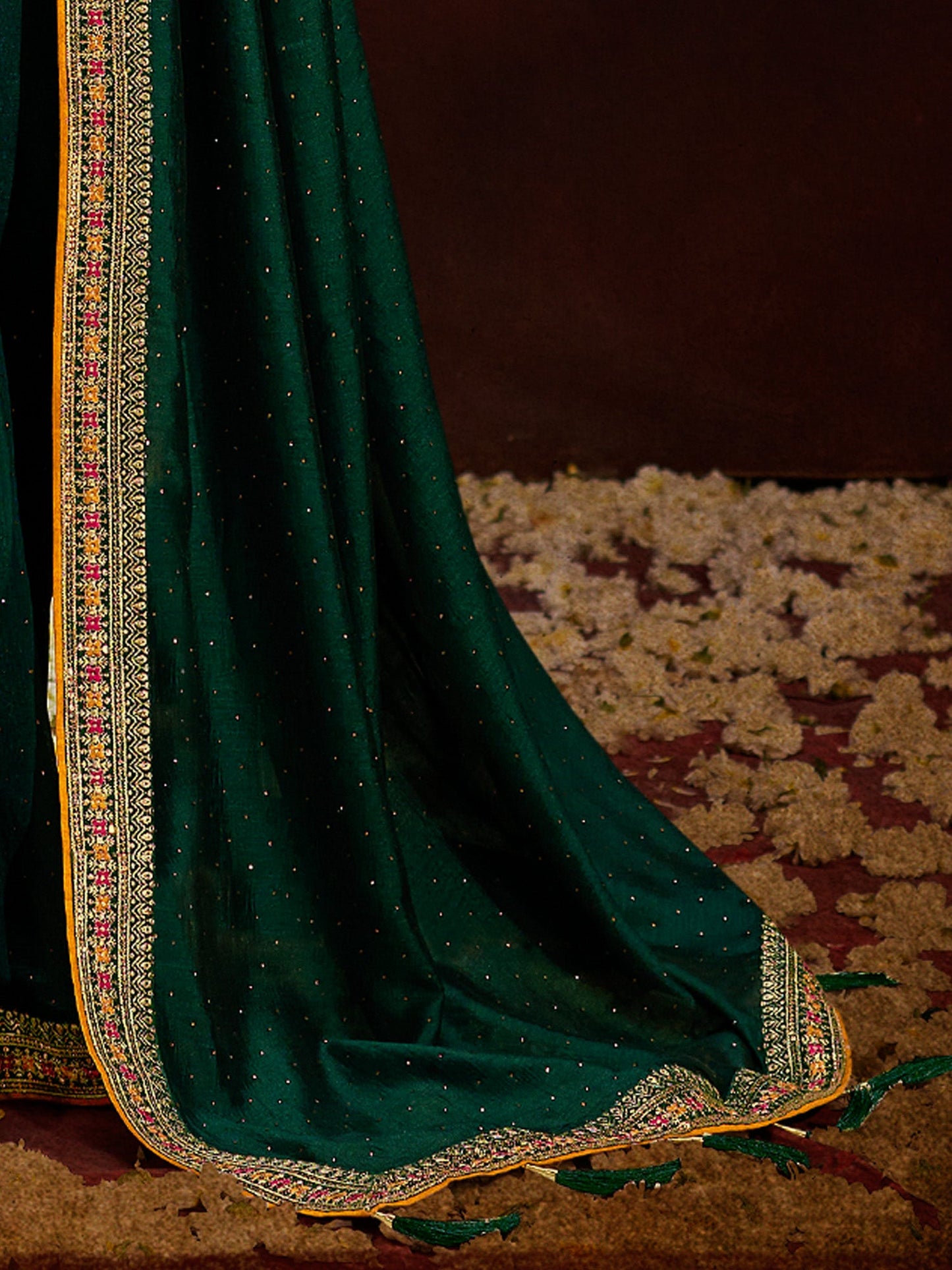 Women's Vichitra Silk Green Embellished Designer Saree With Blouse Piece