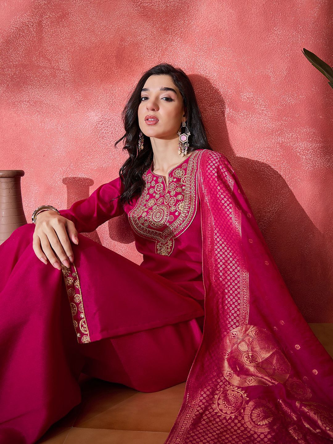 Dhiyona SN Sequinnd Woven Design Straight Kurta & Palazzo With Dupatta