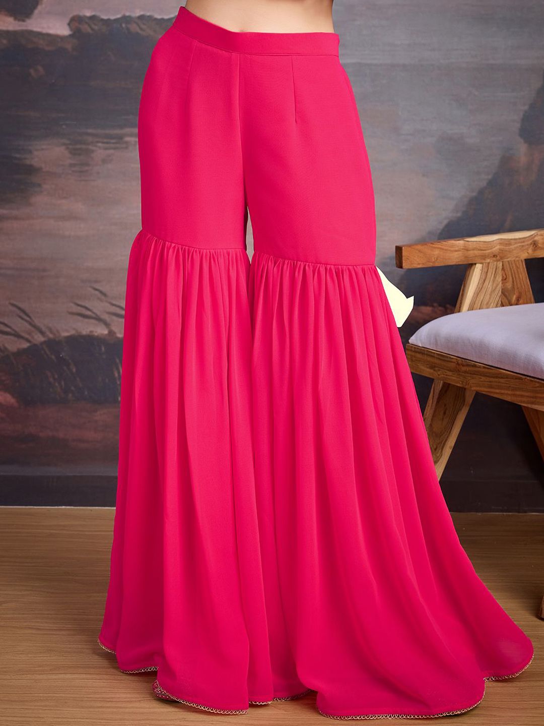 Dhiyona HOP Floral Embroidered Notch Neck Georgette Kurta & Sharara With Dupatta