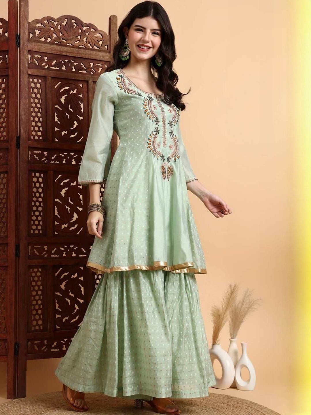 Dhiyona HOP Zardosi Embroidered Kurta & Sharara With Dupatta