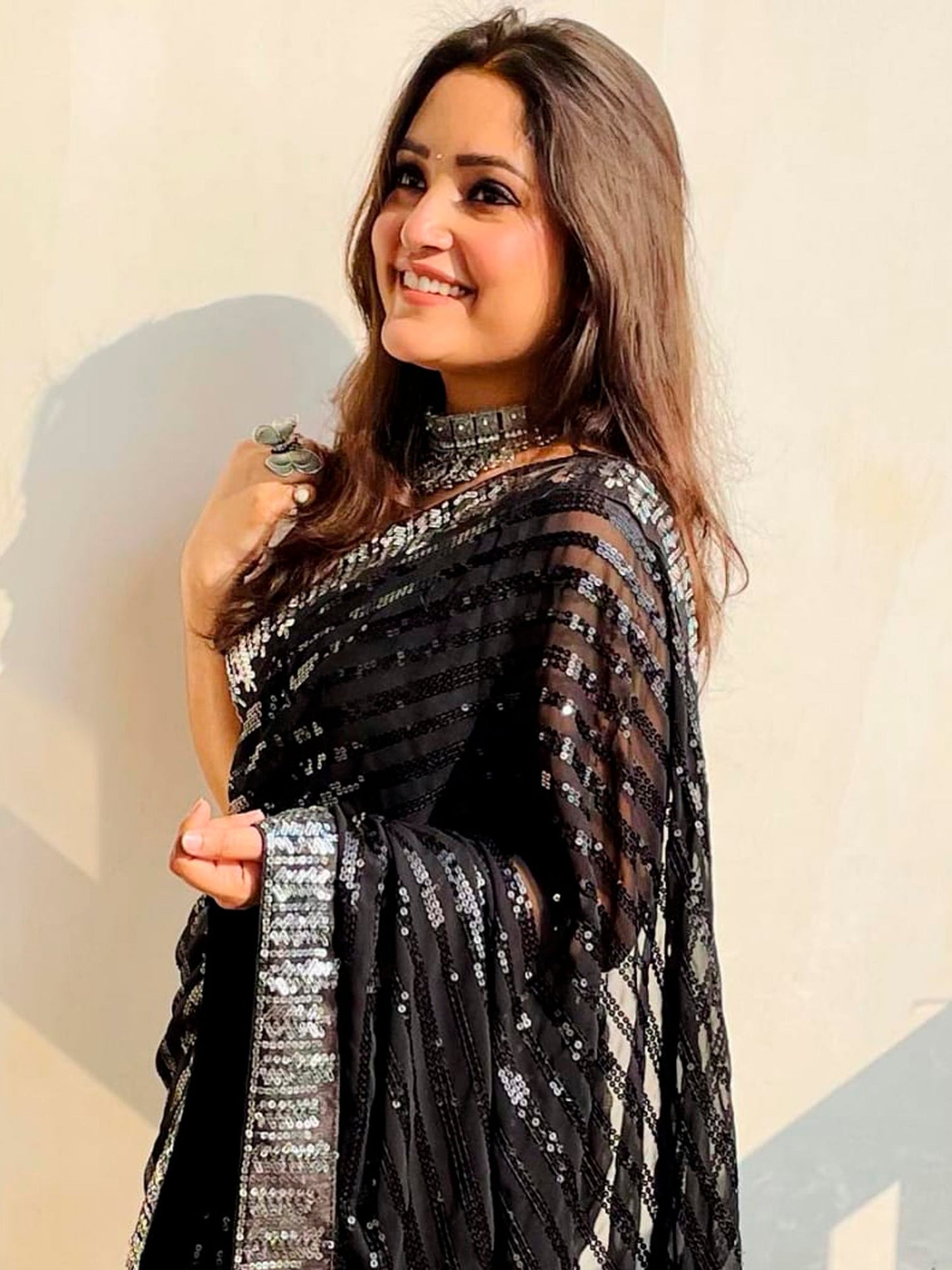 Women's Georgette Black Embellished Designer Saree With Blouse Piece