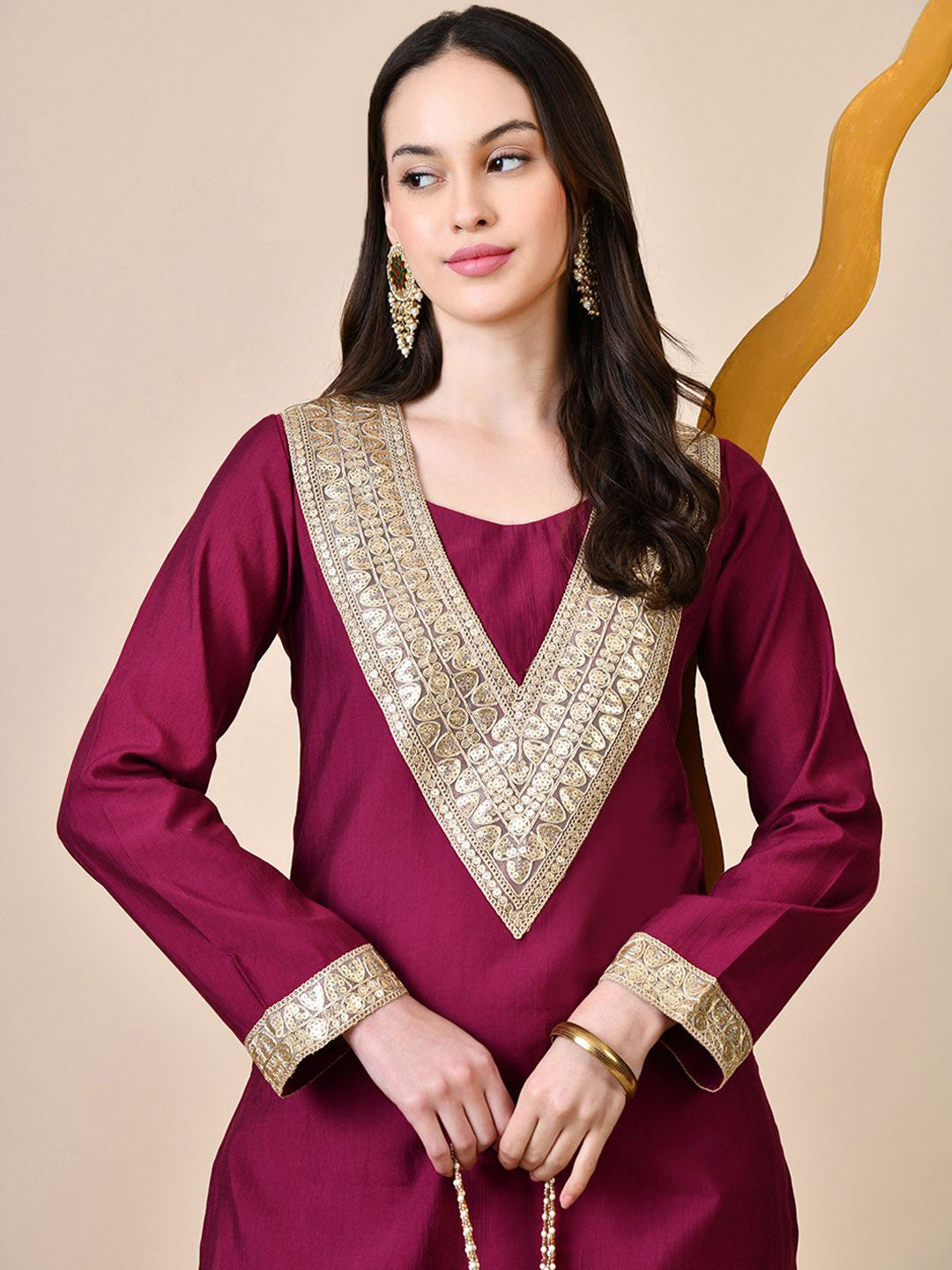 Women Solid Embroidered Sequinned Patchwork Kurta Set