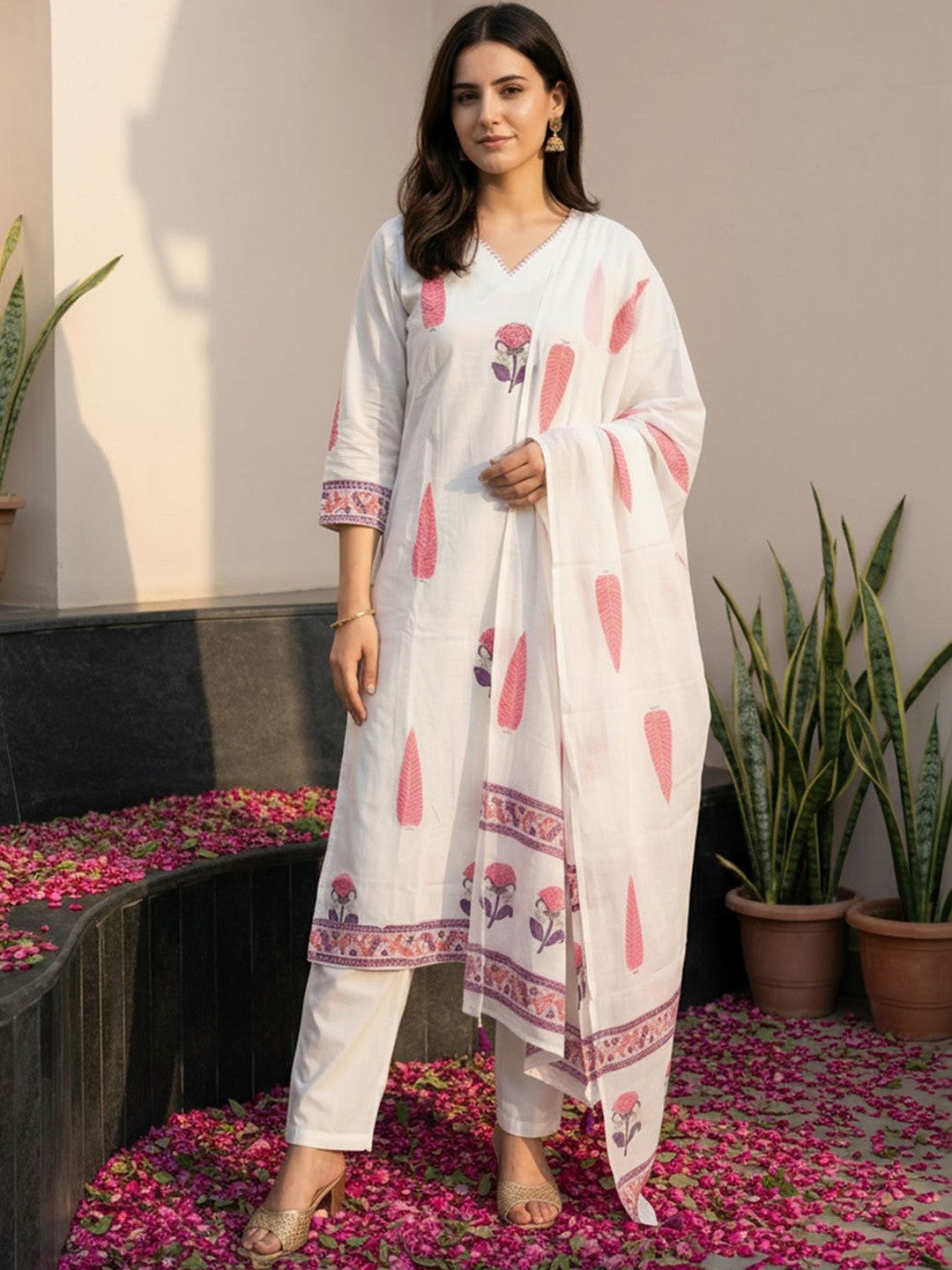 Women Ethnic Motifs Printed Regular Pure Cotton Kurta with Trousers & With Dupatta