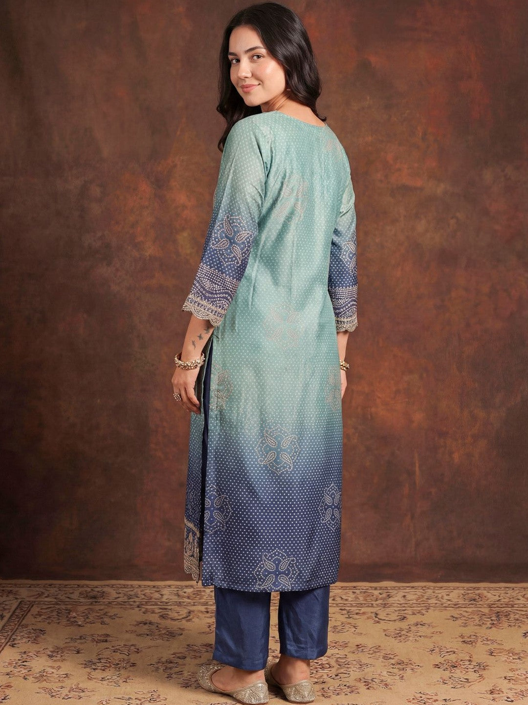 Women Bandhani Printed Regular Sequinned Kurta with Trousers & With Dupatta