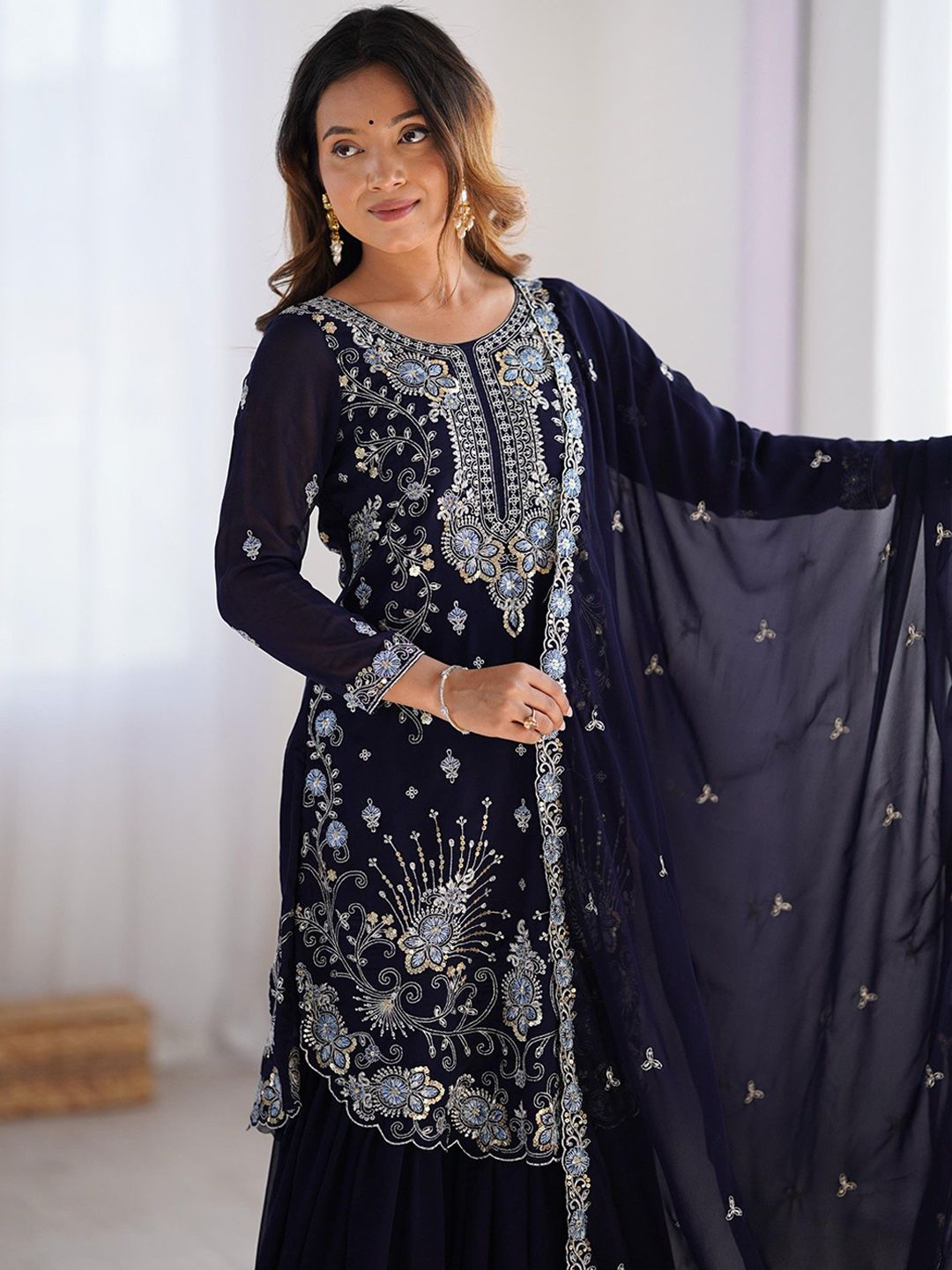 Dhiyona KL Women Ethnic Motifs Embroidered Regular Sequinned Kurta with Sharara & With Dupatta
