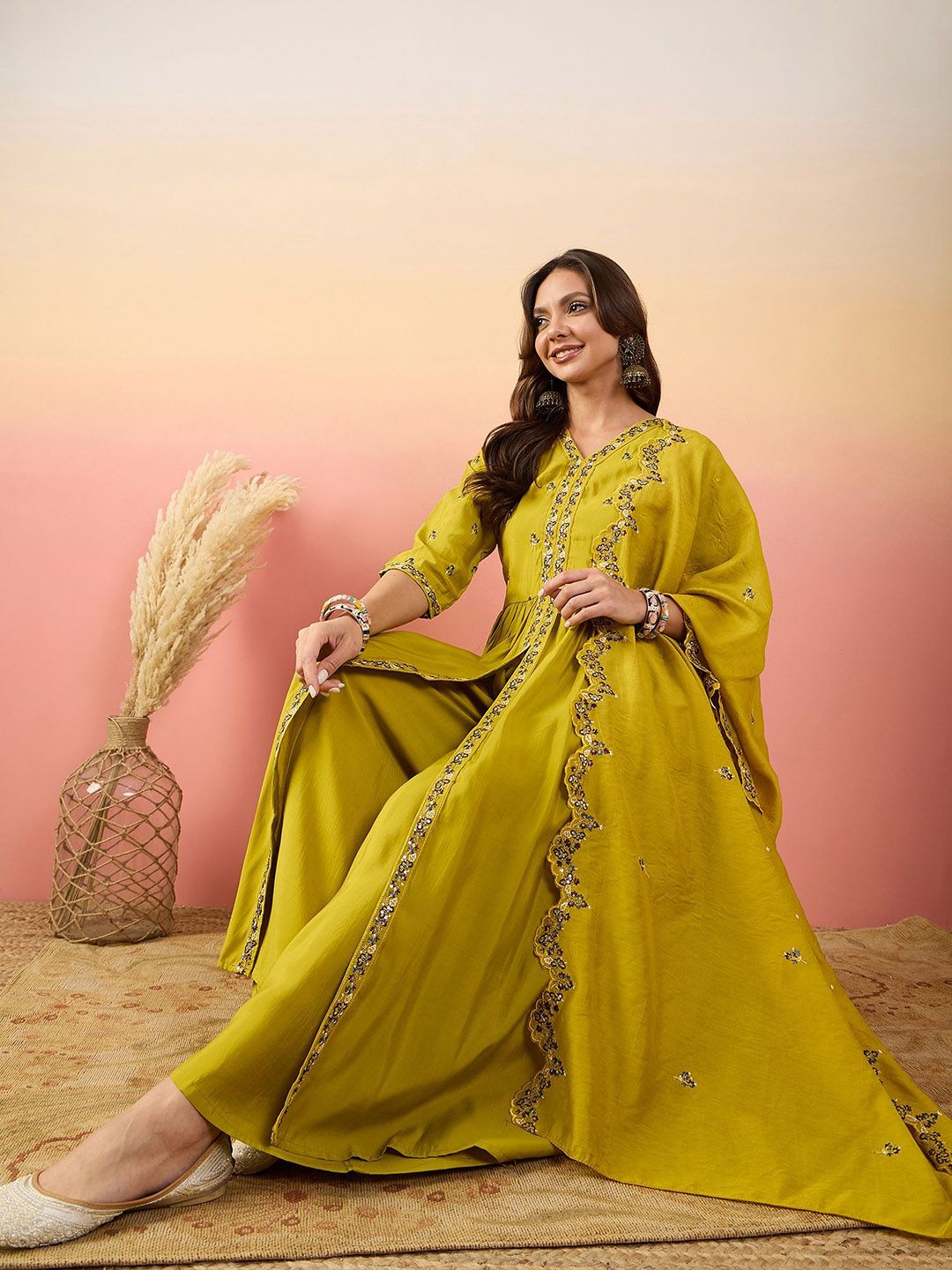 Dhiyona SN Embroidered Kurta With Palazzos & Dupatta