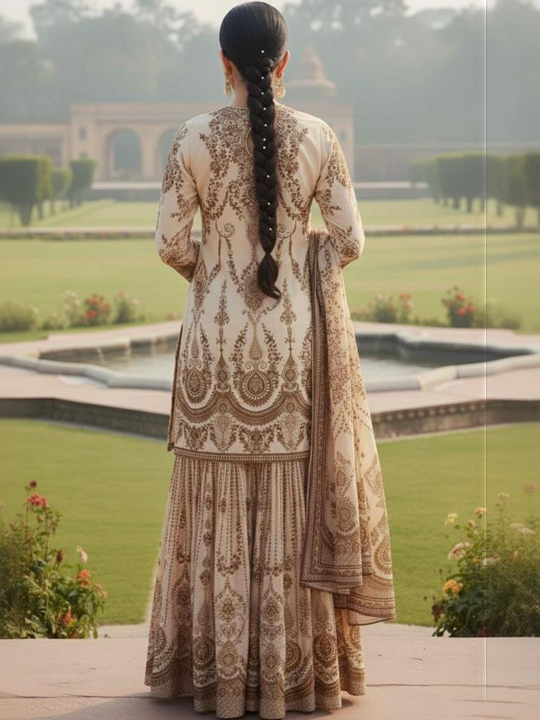 Dhiyona AN Floral Printed Keyhole Neck Straight Cotton Silk Kurta With Sharara & Dupatta