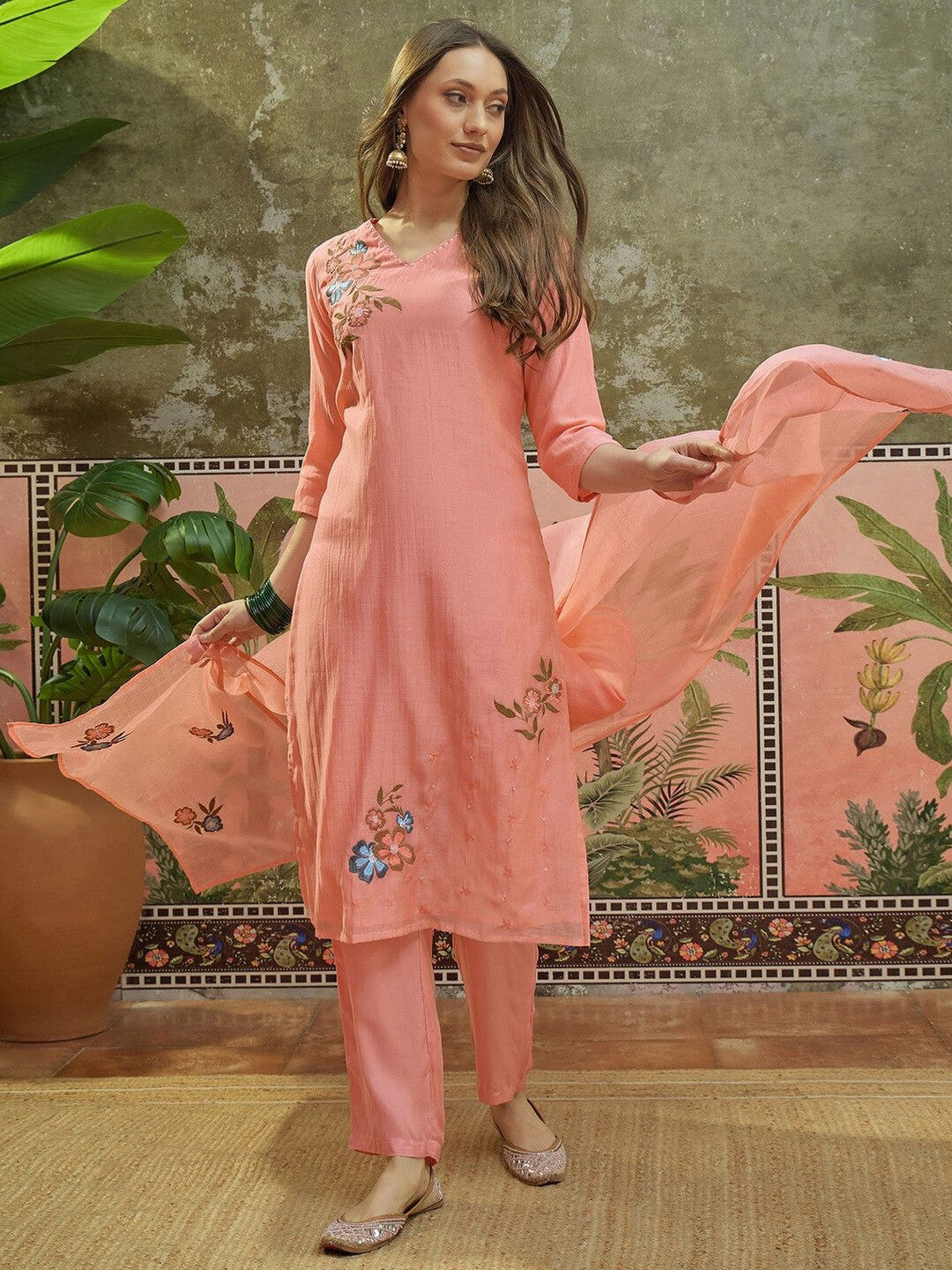 Embroidered V-Neck Kurta & Trousers With Dupatta
