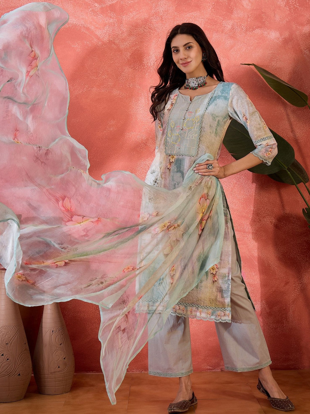 Embroidered Pure Cotton Round Neck Kurta Trousers & Dupatta