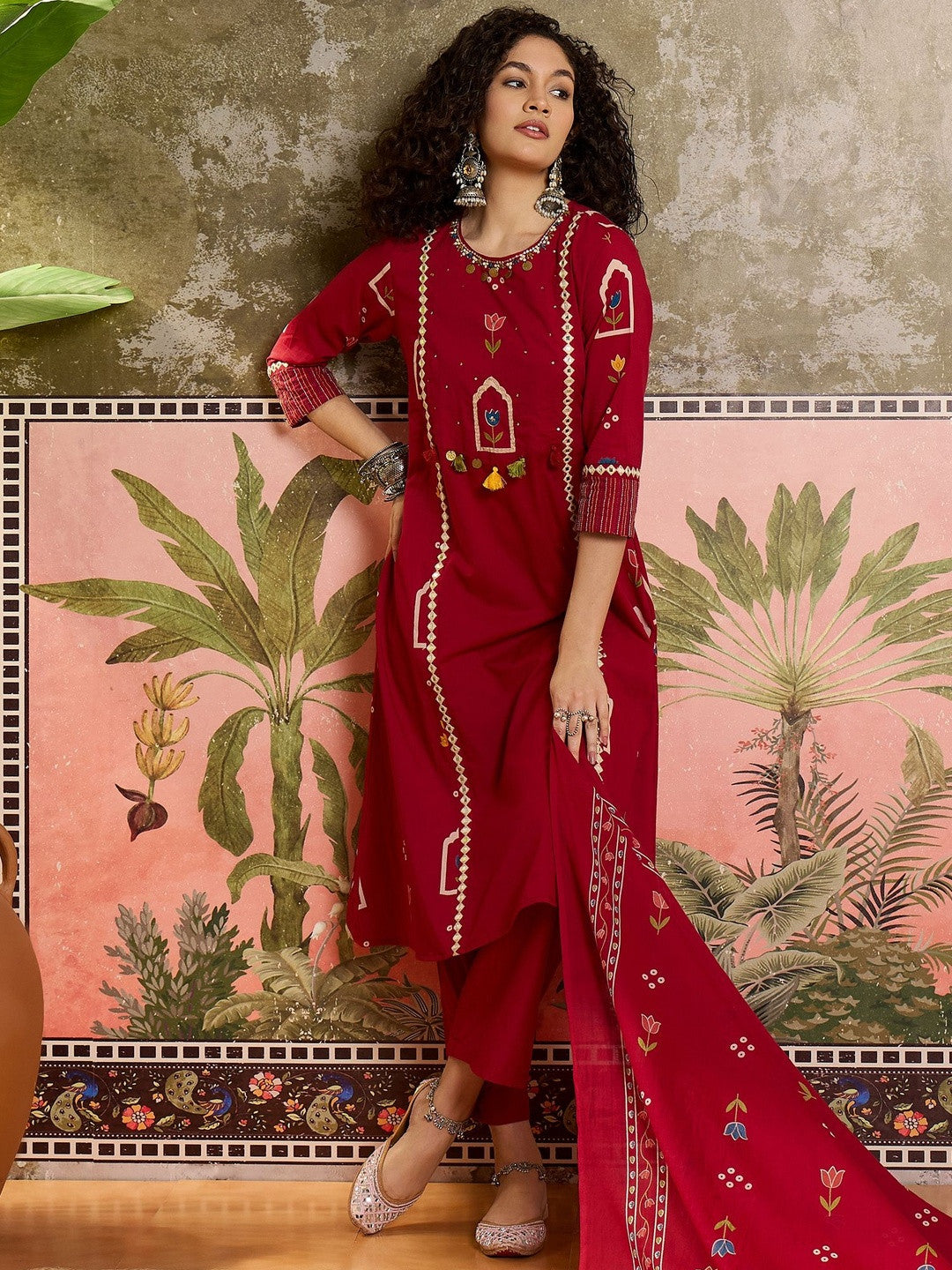 Printed Pure Cotton Round Neck Kurta & Trousers With Dupatta