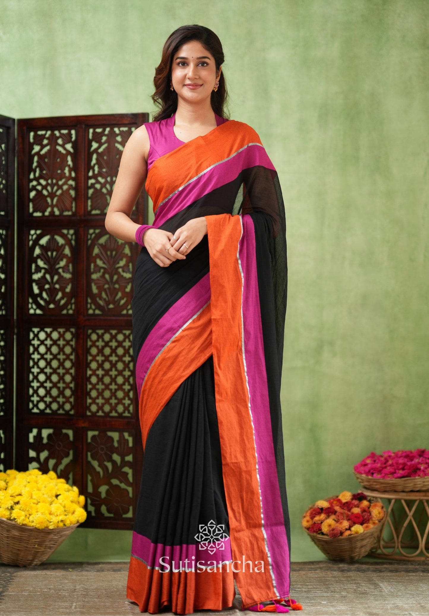 Dhiyona SS Fiery Flair Black & Orange Mul Cotton Saree with Tassel Edges