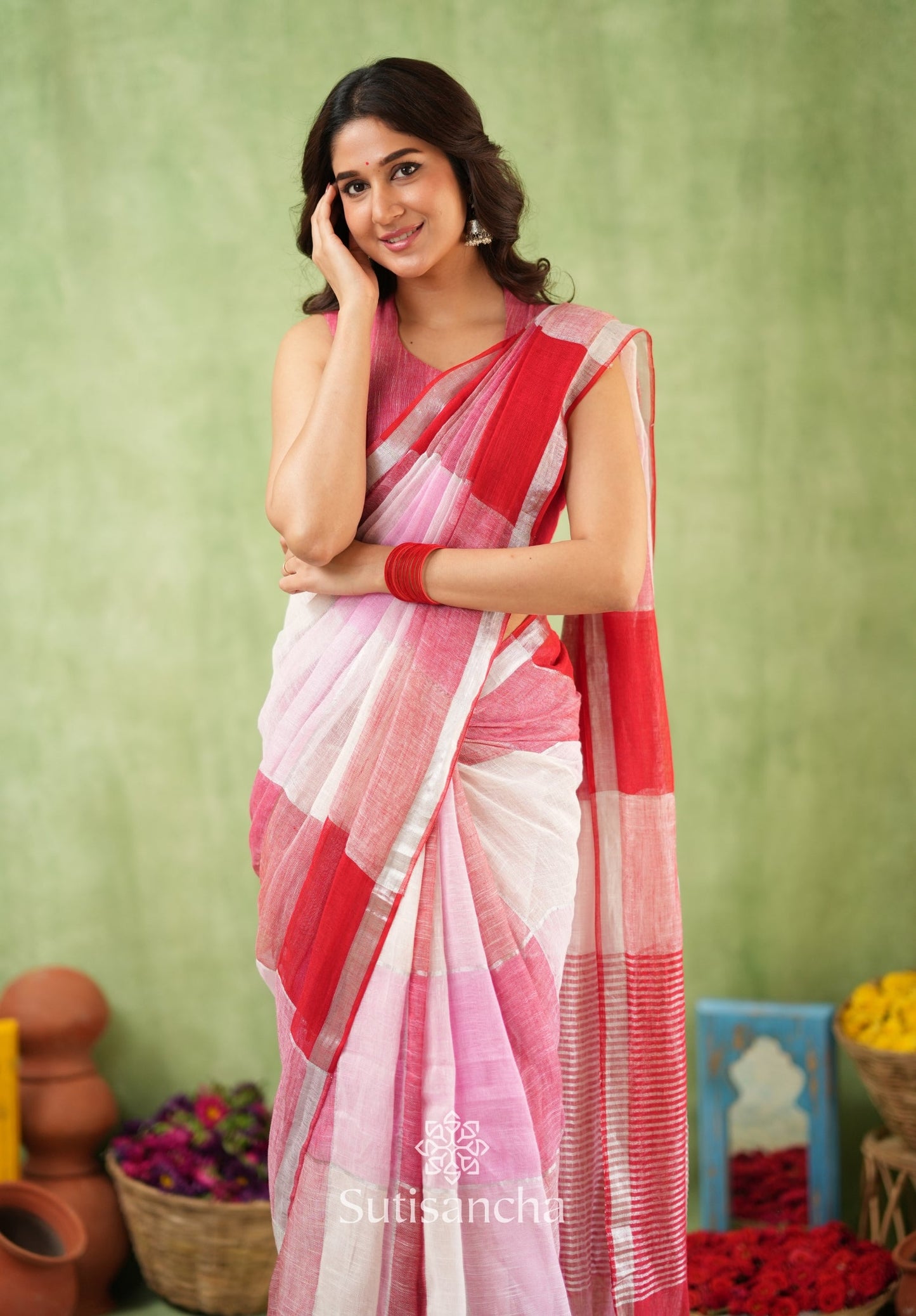 Dhiyona SS Color Block Linen Cotton Saree – Modern Classic
