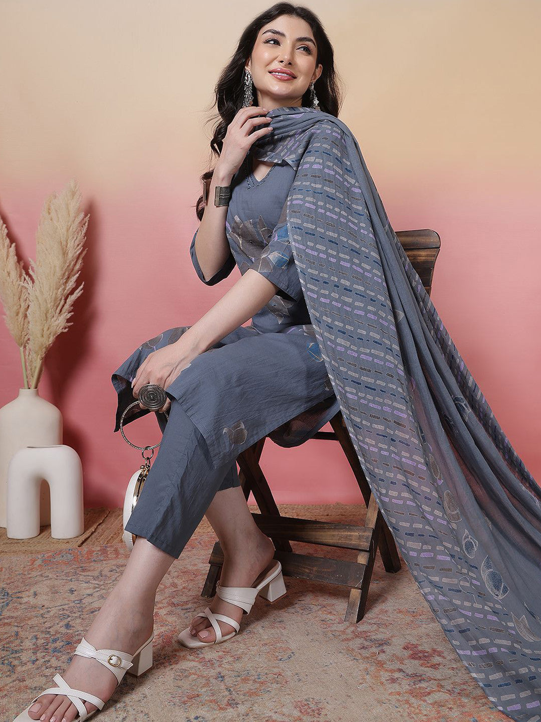 Floral Printed V-Neck Pure Cotton Straight Kurta With Trouser & Dupatta