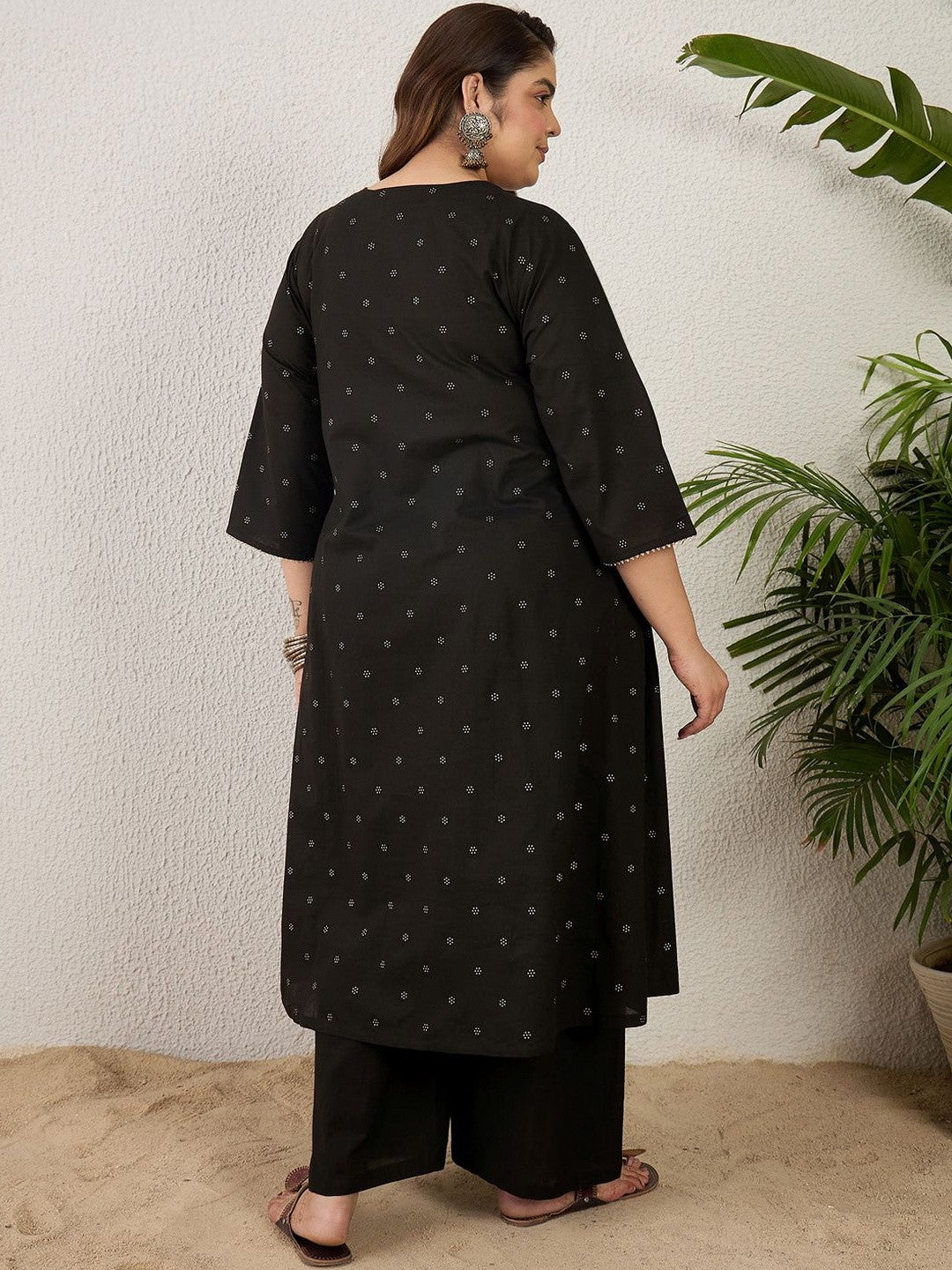 Plus Size Black Embroidered A-Line Kurta Palazzos Set
