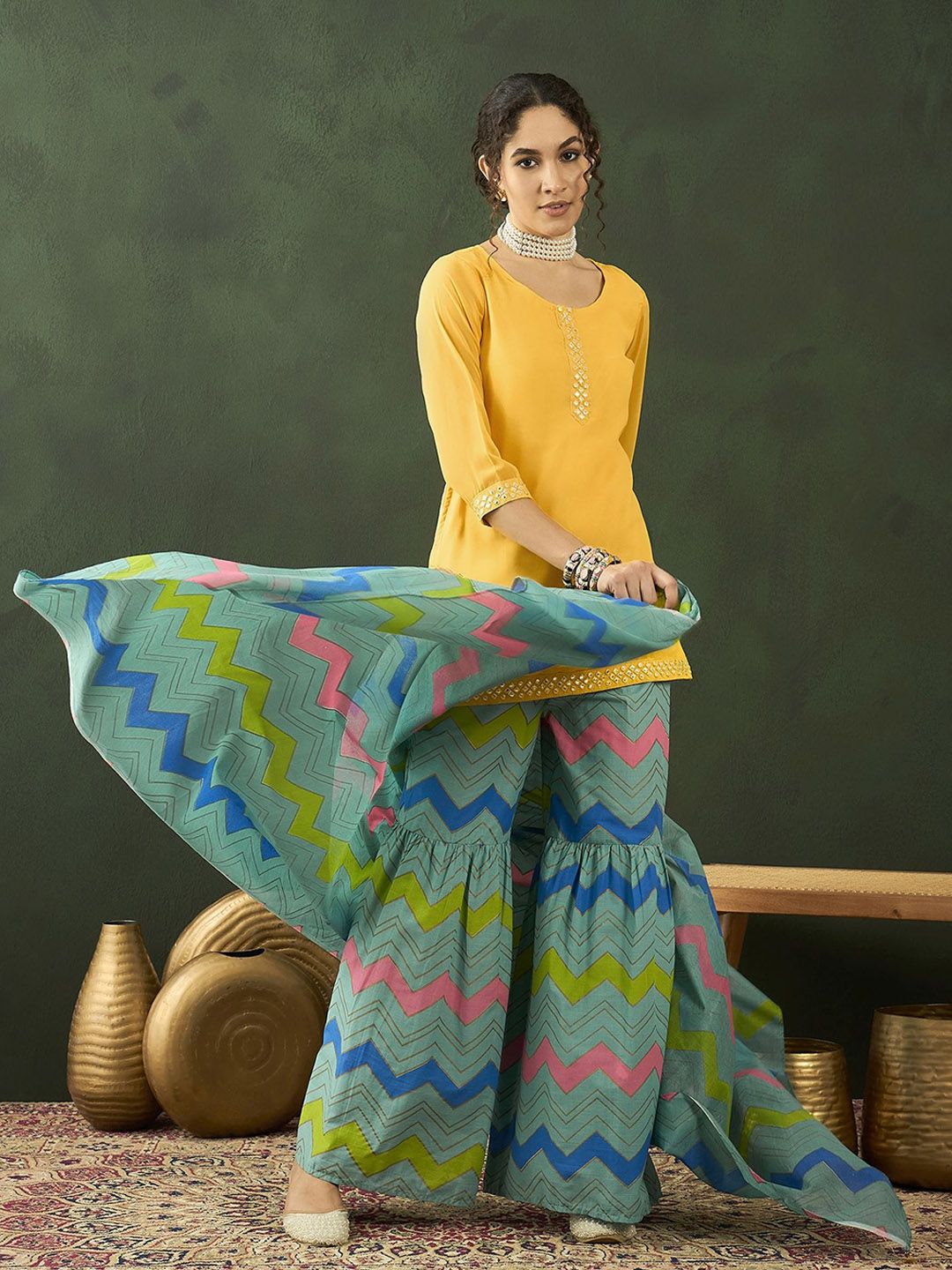Dhiyona SN Printed Mirror Work Straight Kurta With Sharara & Dupatta