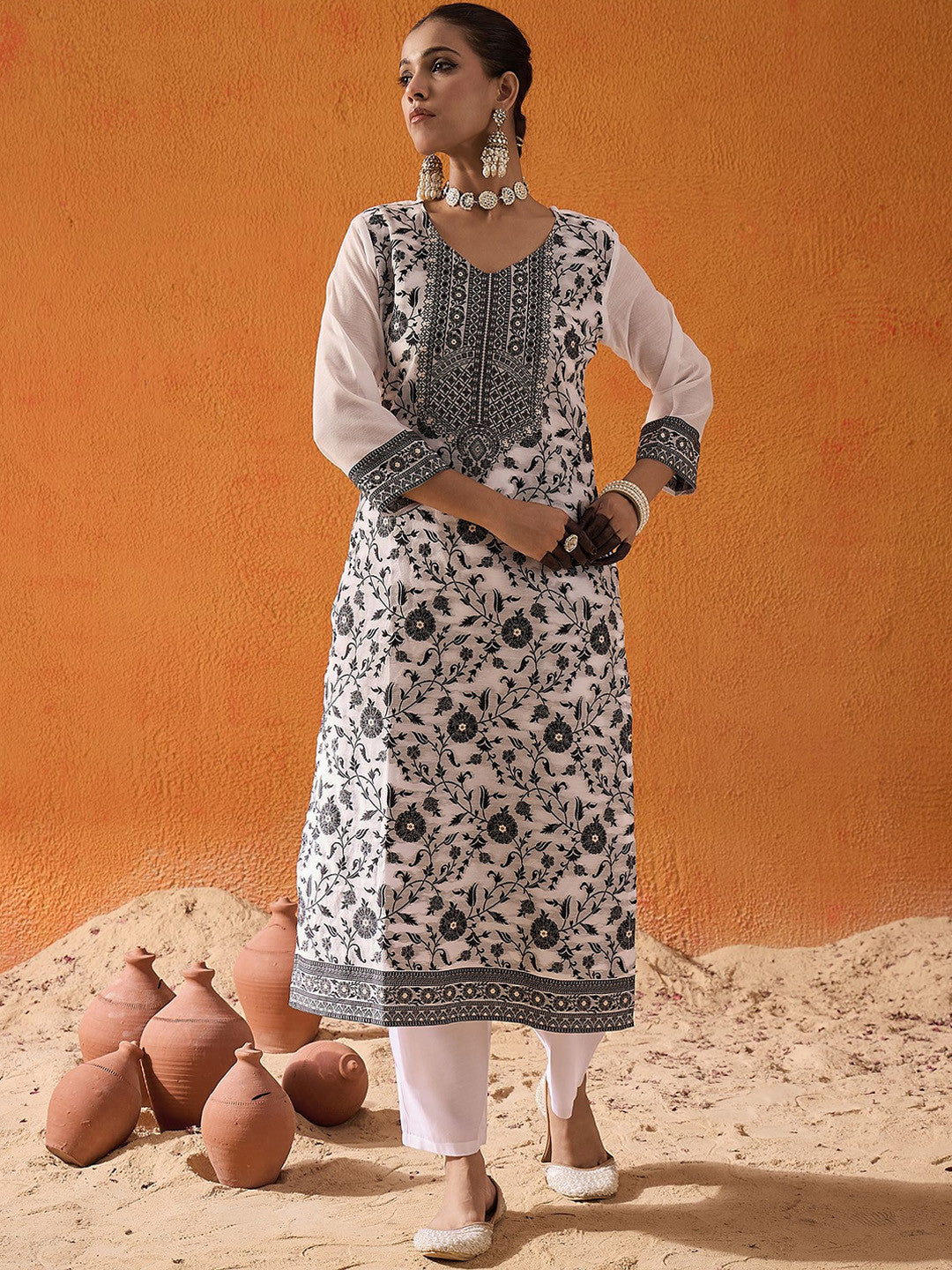 White Ethnic Motifs Woven Design Straight Kurta with Trousers & Dupatta