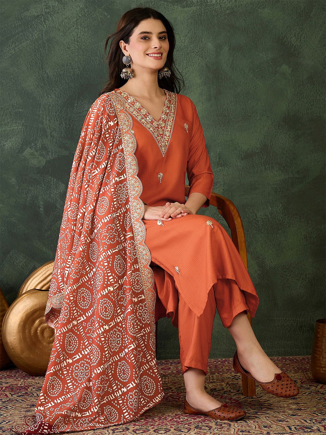Dhiyona KL Zari Floral Embroidered V-Neck Straight Kurta With Trousers & Dupatta