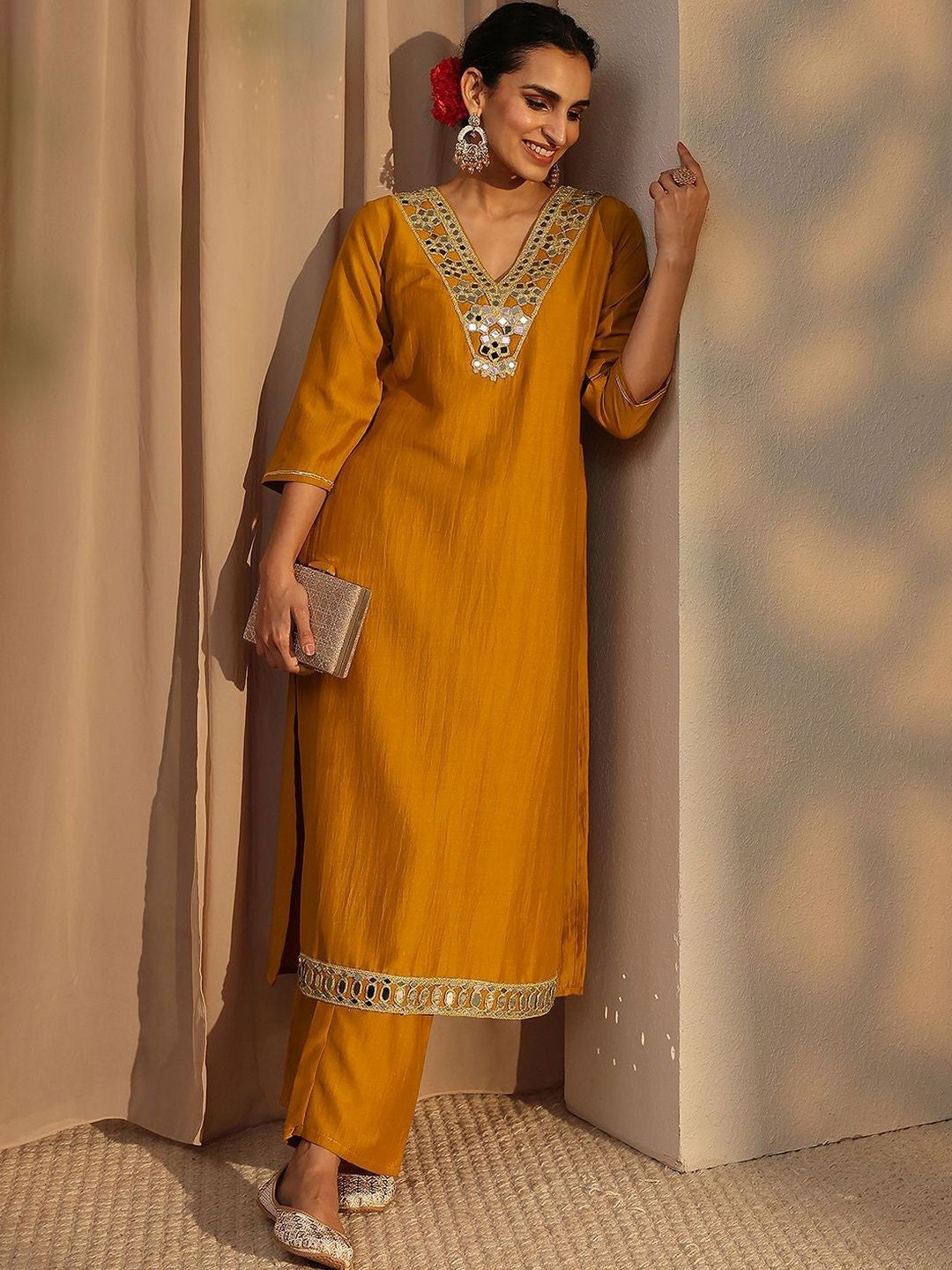 Mustard Mirror Work Yoke Design Straight Kurta Set