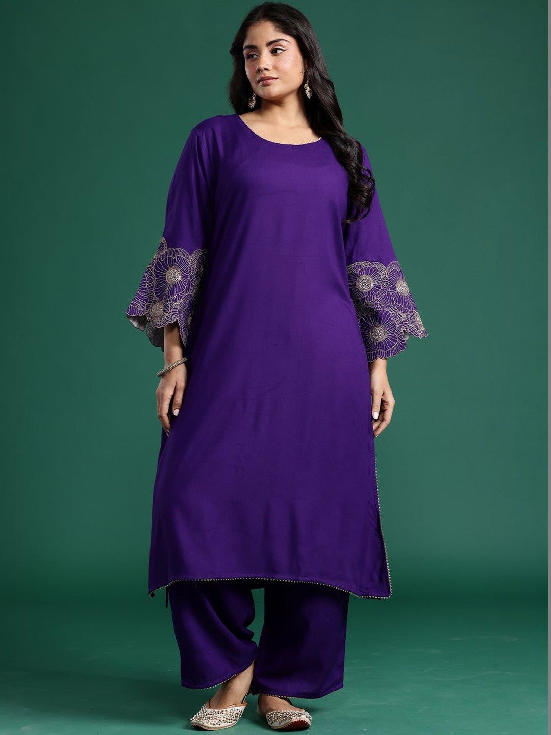 Plus Size Motifs Regular Thread Work Kurta with Trousers