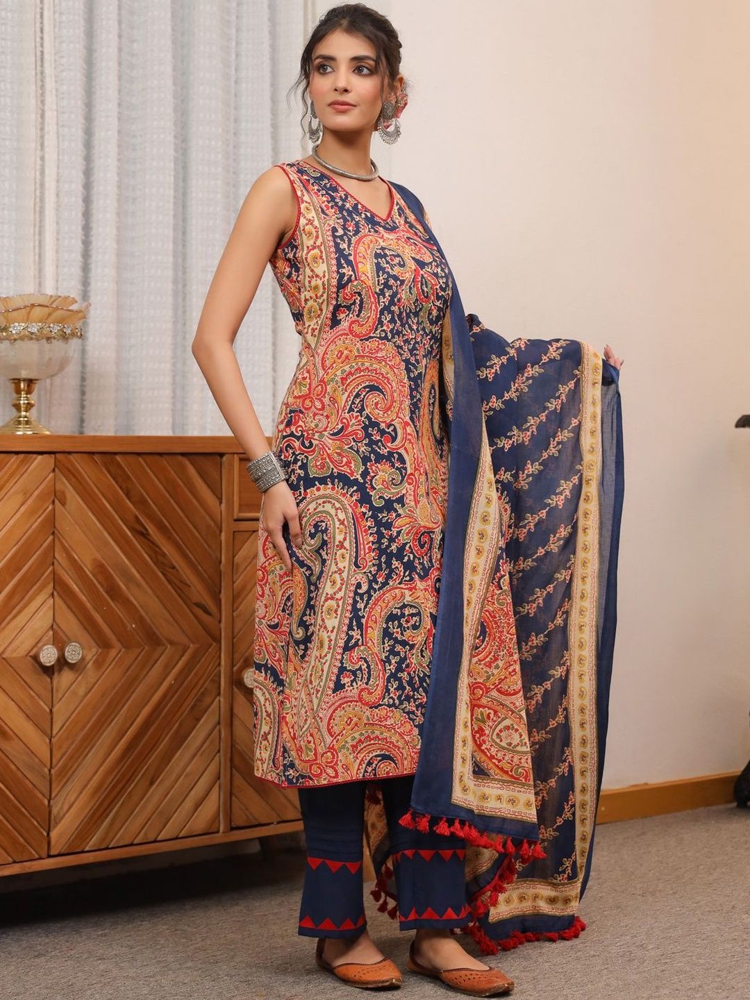 Dhiyona RR Women's Ethnic Motifs Printed Regular Pure Cotton Top with Trousers & With Dupatta